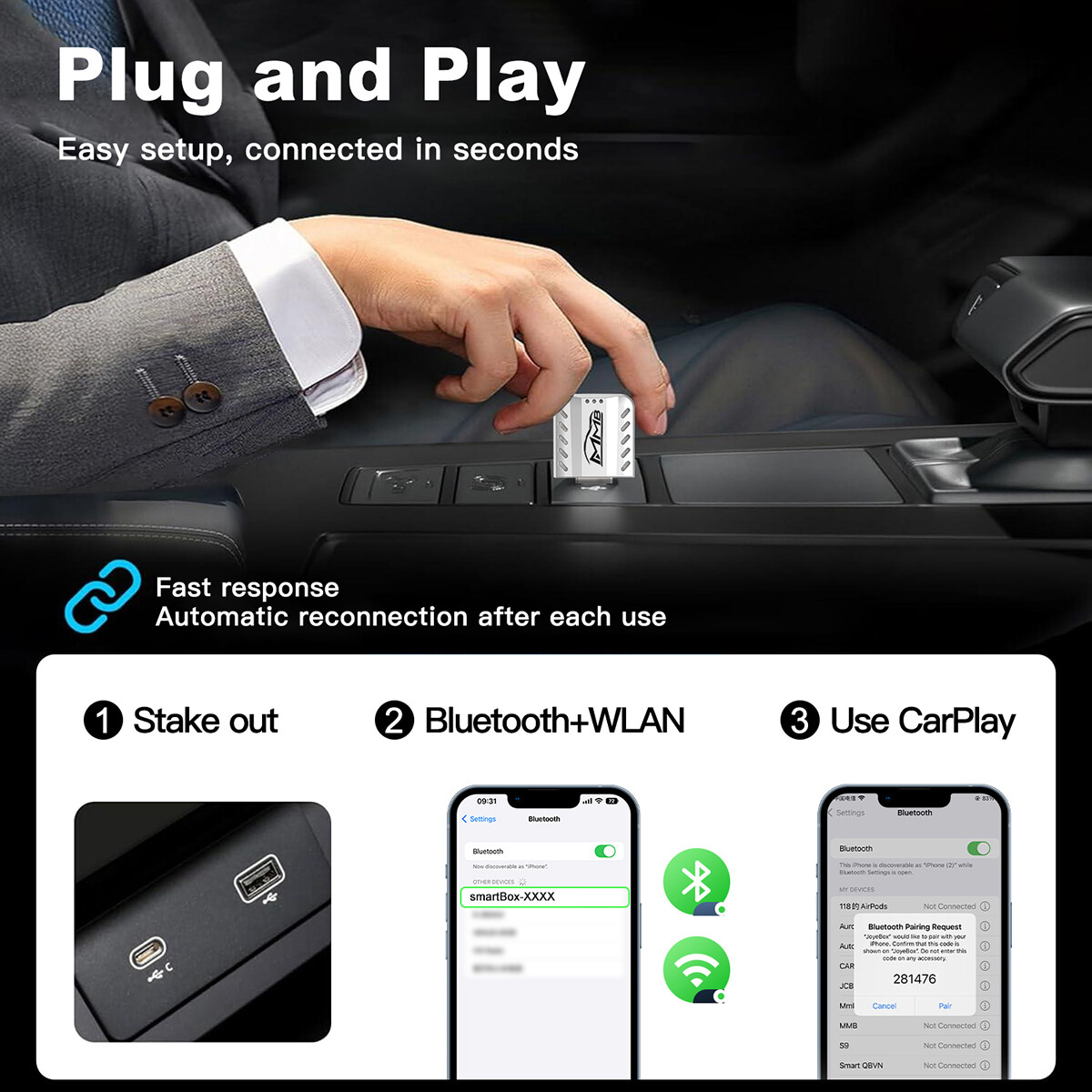 Mini Wireless Carplay Smart Ai Box, Wired to Wireless Adapter for 2017+Cars