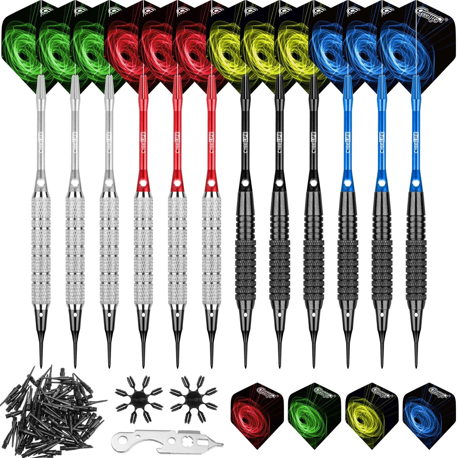 CyeeLife PRO 18g 12pcs Soft Tip Darts Set+12 Flights+100 Plastic Points+Tool