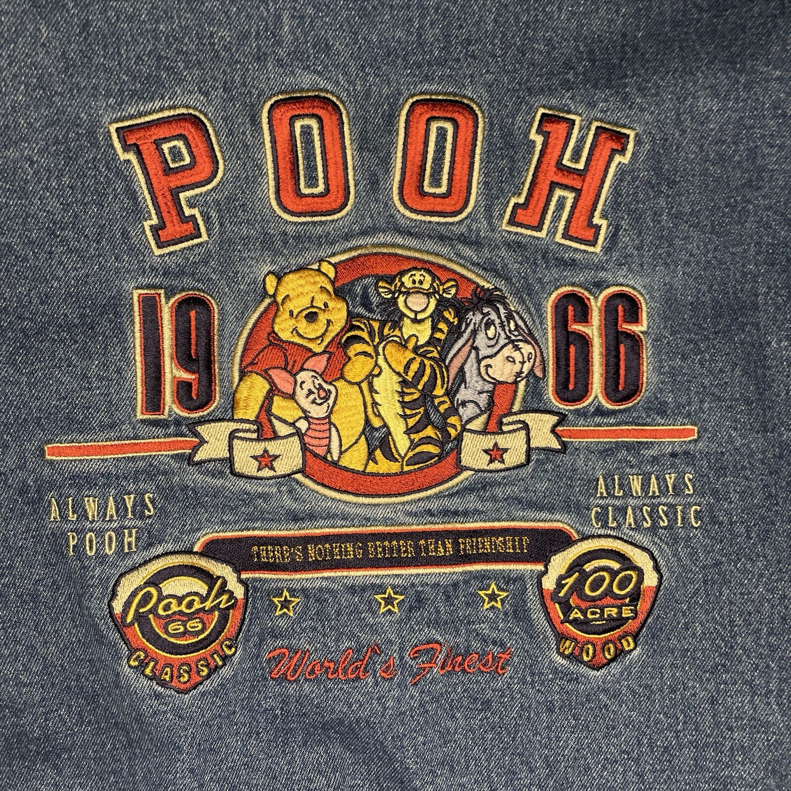 vintage Winnie The Pooh varsity jacket Disney denim bomber loyal true crew rare