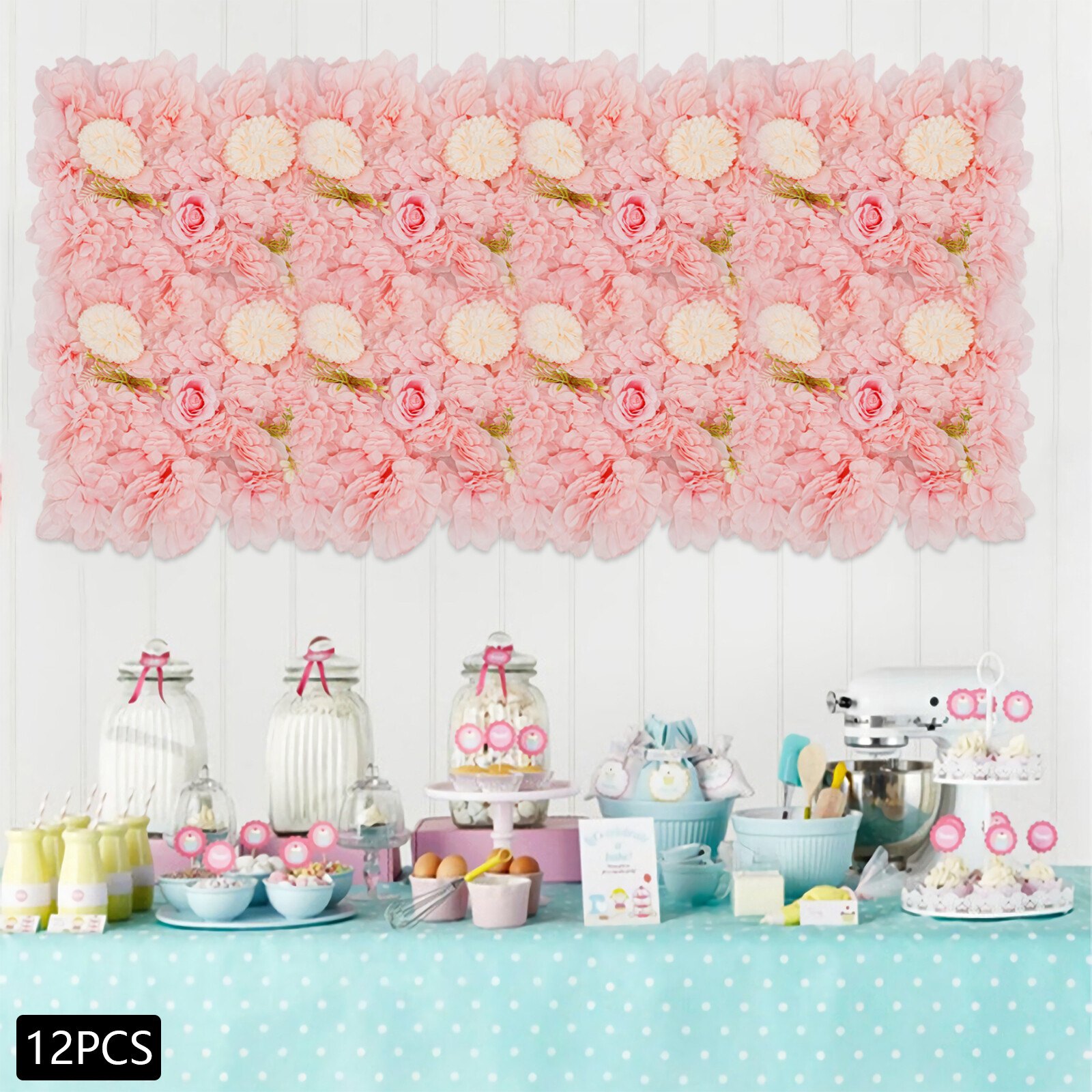 3D Flower Wall Panel-12pcs Artificial Flower Wall Background Silk Rose Wedding