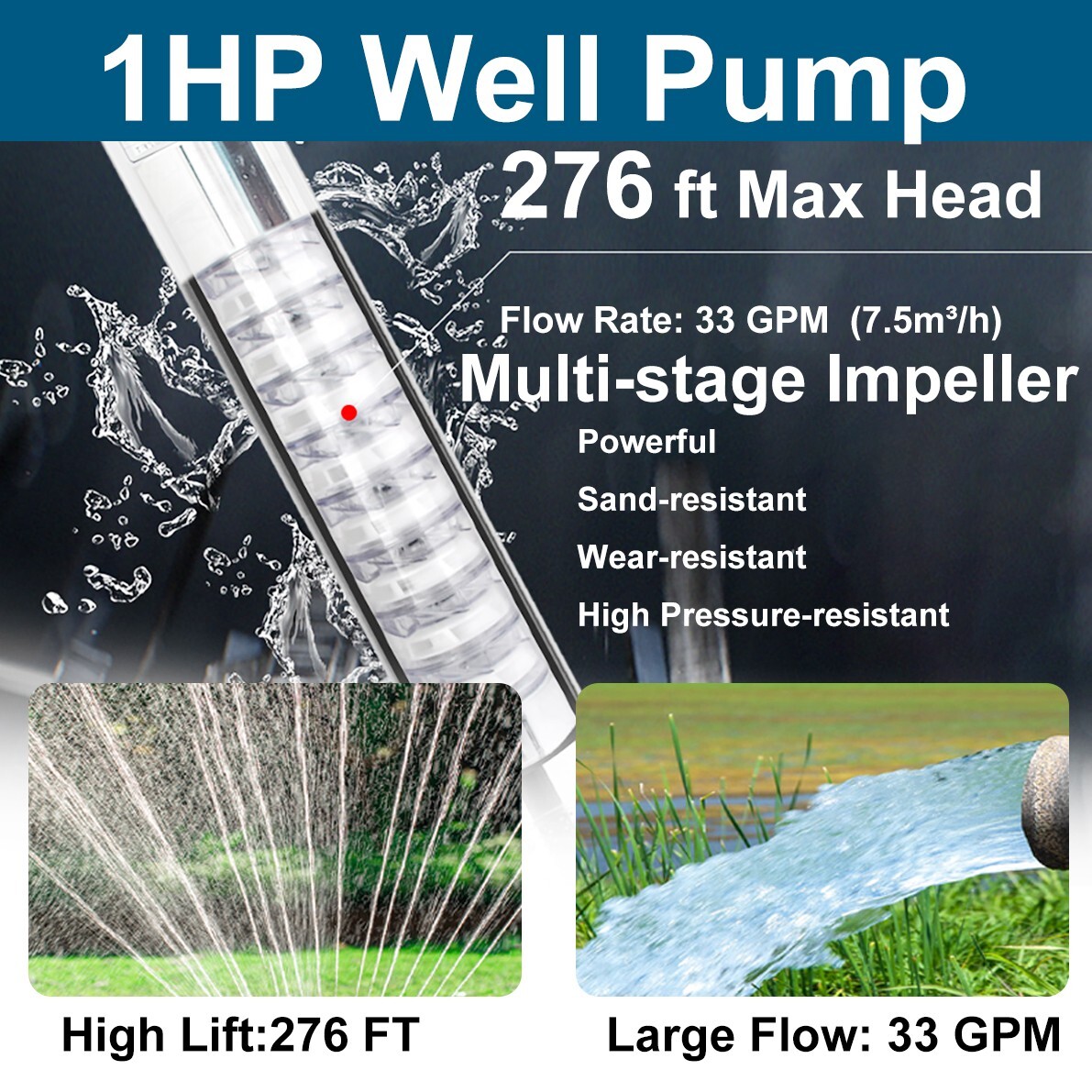 1 HP 4" Deep Well Submersible Pump ,115V, 33 GPM, 276FT ,60Hz,Stainless Steel