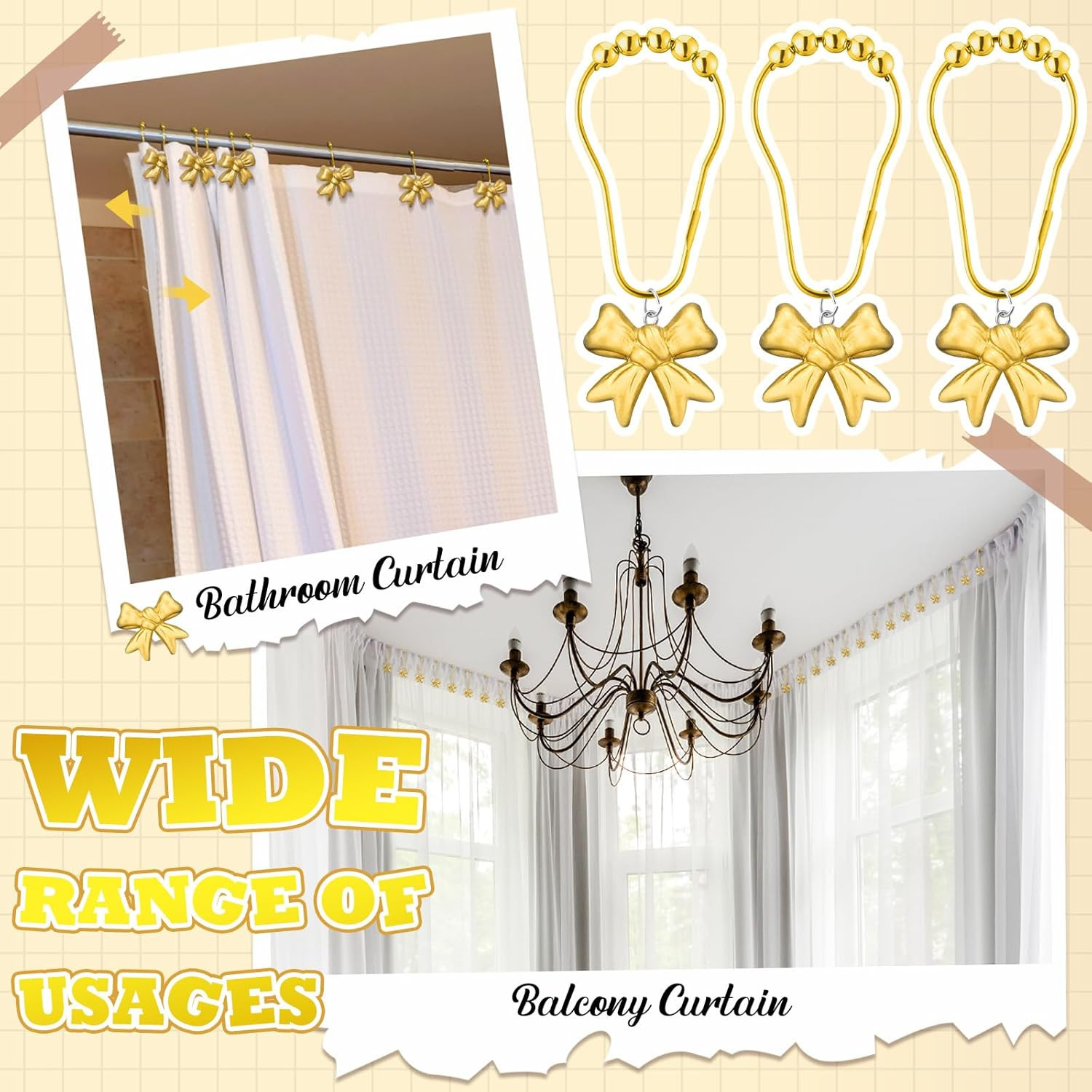 12 Pcs Gold Bow Knot Shower Curtain Hooks Rustproof Decorative Resin Bow Knot Sh