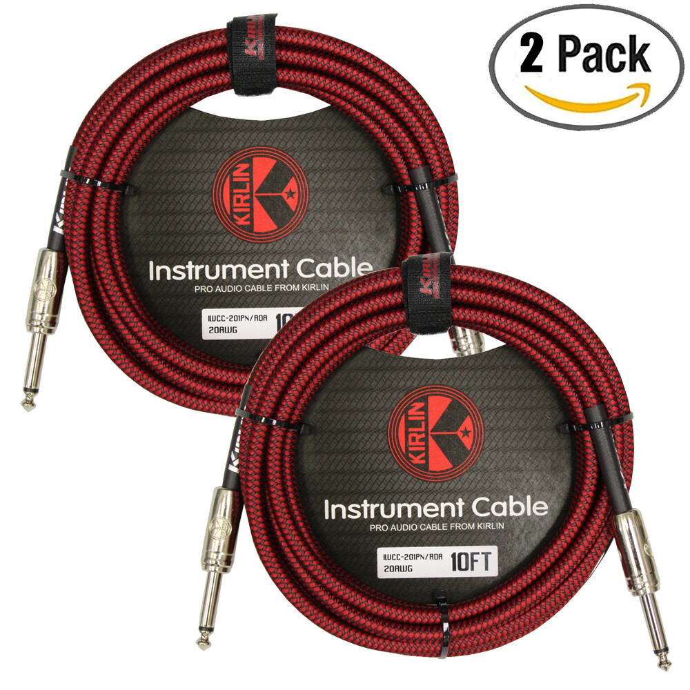 2-PACK Kirlin 10 ft 1/4" Red/Black Woven Guitar/Bass Cables PLUS Free Cable Ties