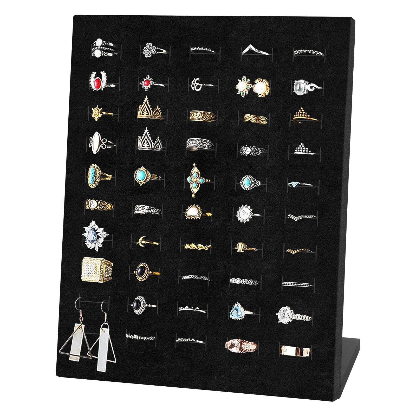 Velvet Ring Display Stand, 50 Slots L-Shaped Jewelry Holder Showcase Organizer