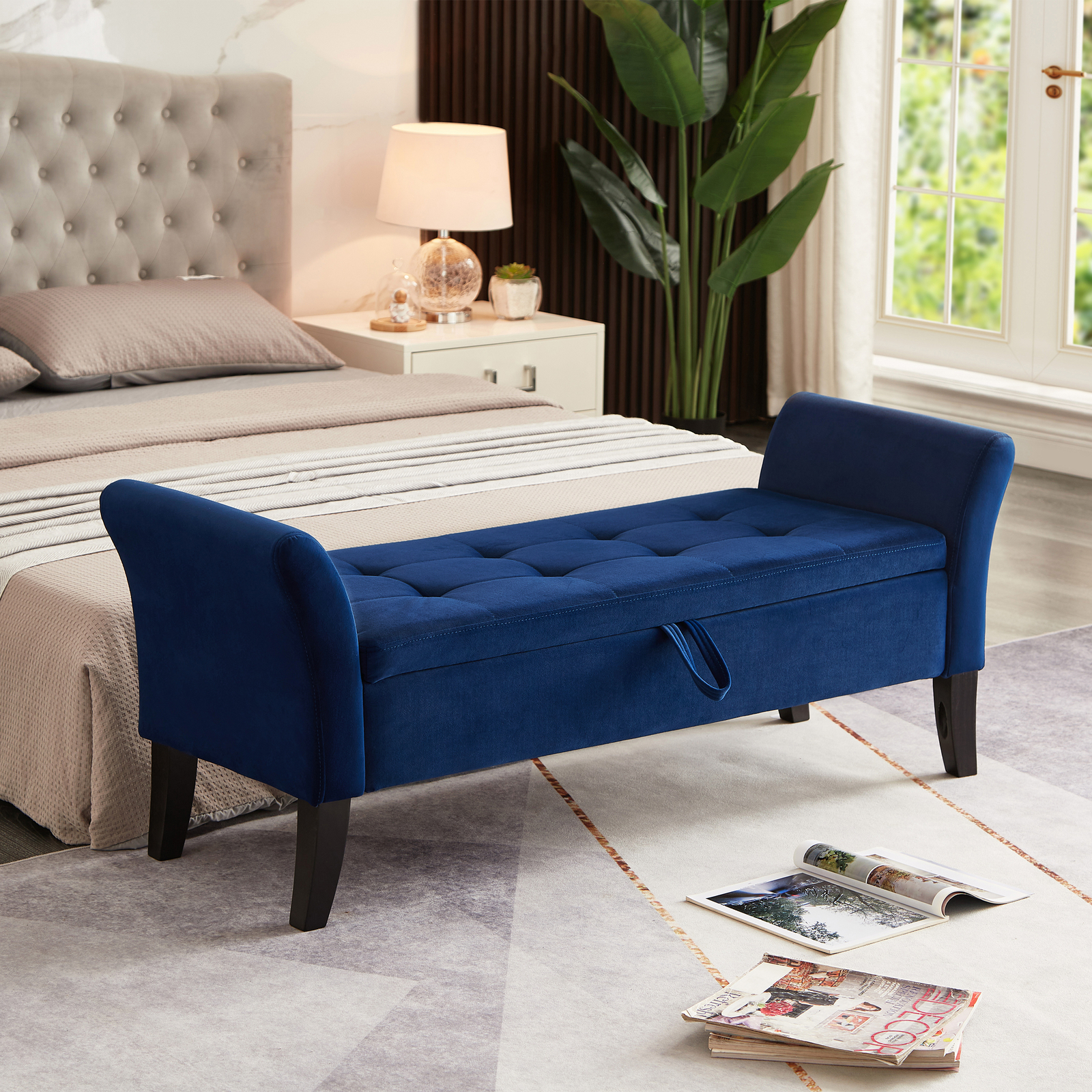 52" Storage Bench Upholstered Ottoman Bench with Arms Velvet Button-Tufted Bench