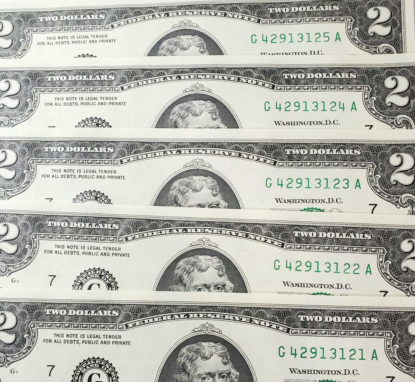 🍀🍀Lot of 5 LUCKY  Uncirculated/Sequential Two Dollar Bills   New Crisp 🍀🍀