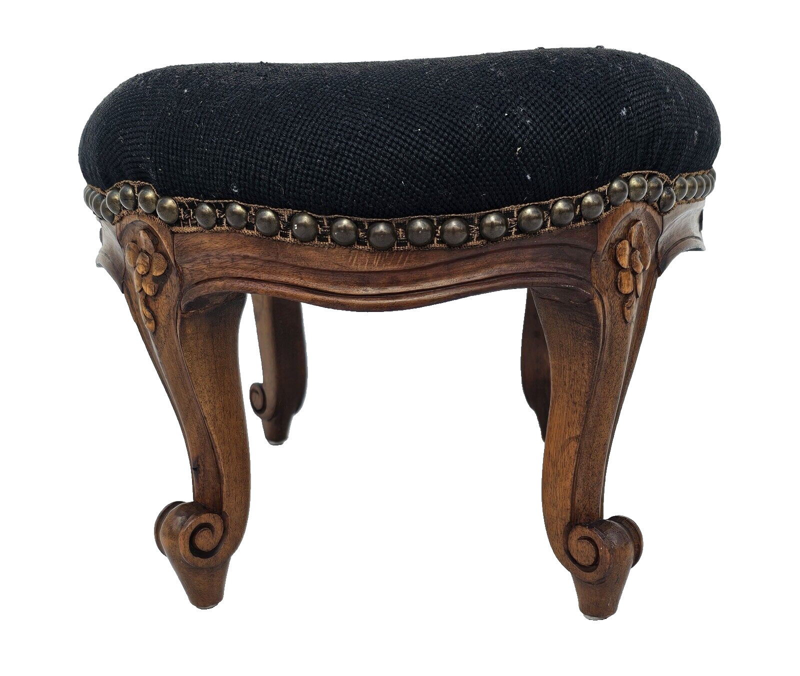 Antique 1930s French Louis XV Footstool – Carved Wood Cabriole Legs Needlepoint