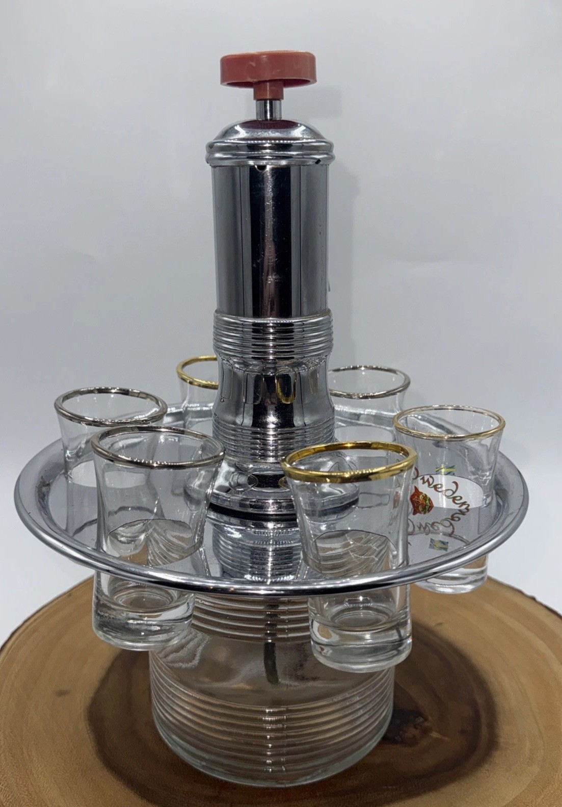 Vintage Liquor Dispenser Pump & Glass Decanter W/6 Shot Glasses W/Chrome Tray