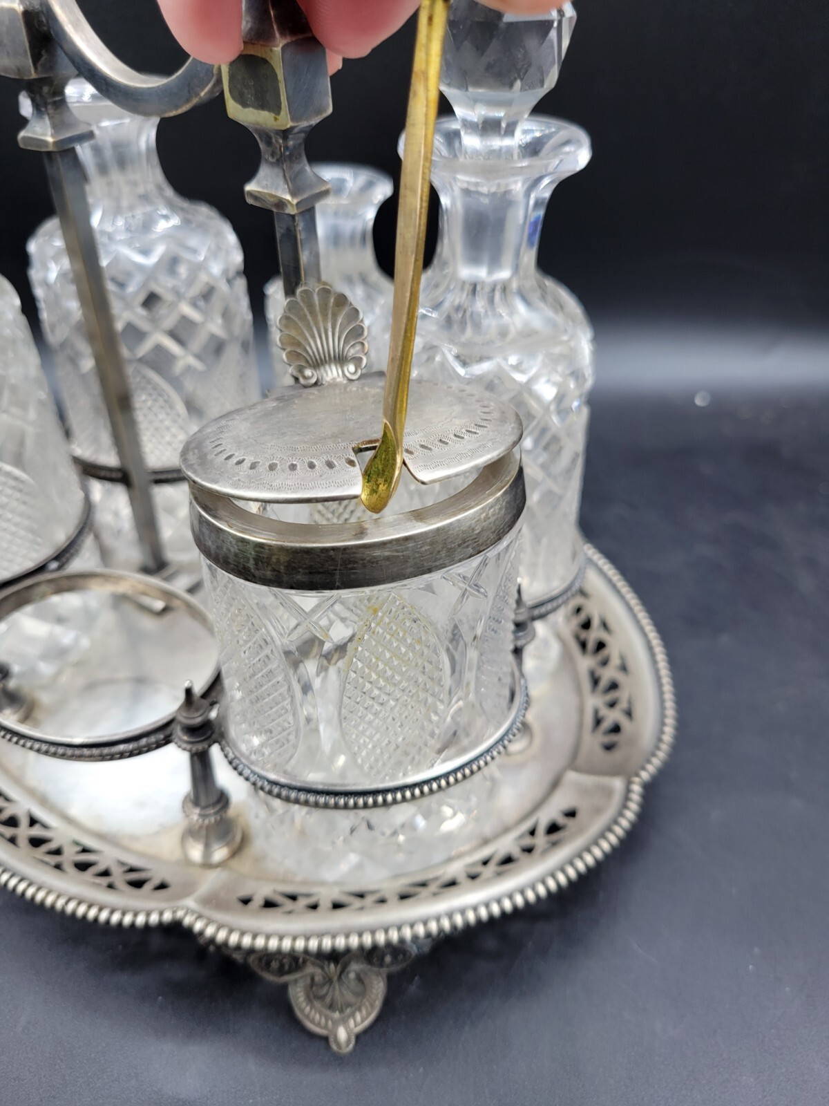 antique 1800's ornate cut crystal silver plate cruet condiment set caddy