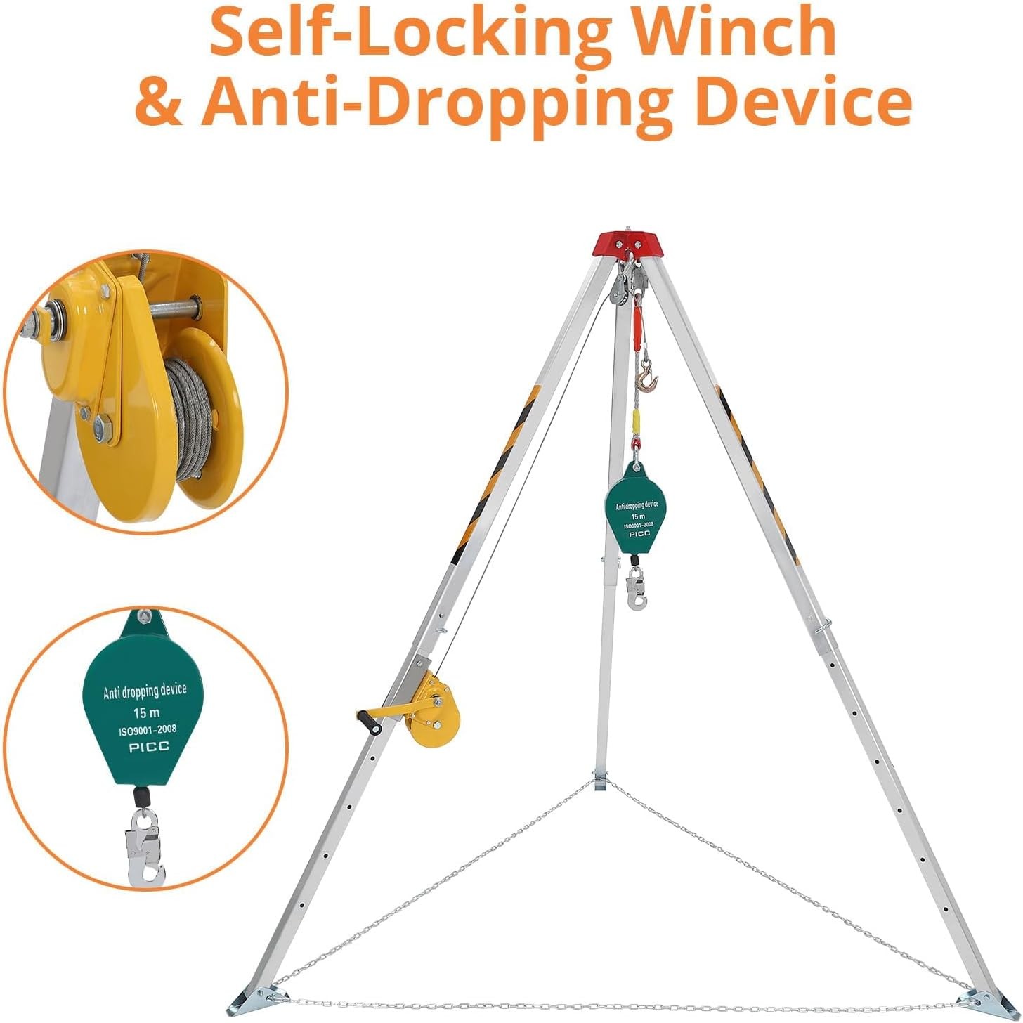Safety Confined Space Lifting Winch Tripod Sewer Rescue Pole Kit with 1200 LBS