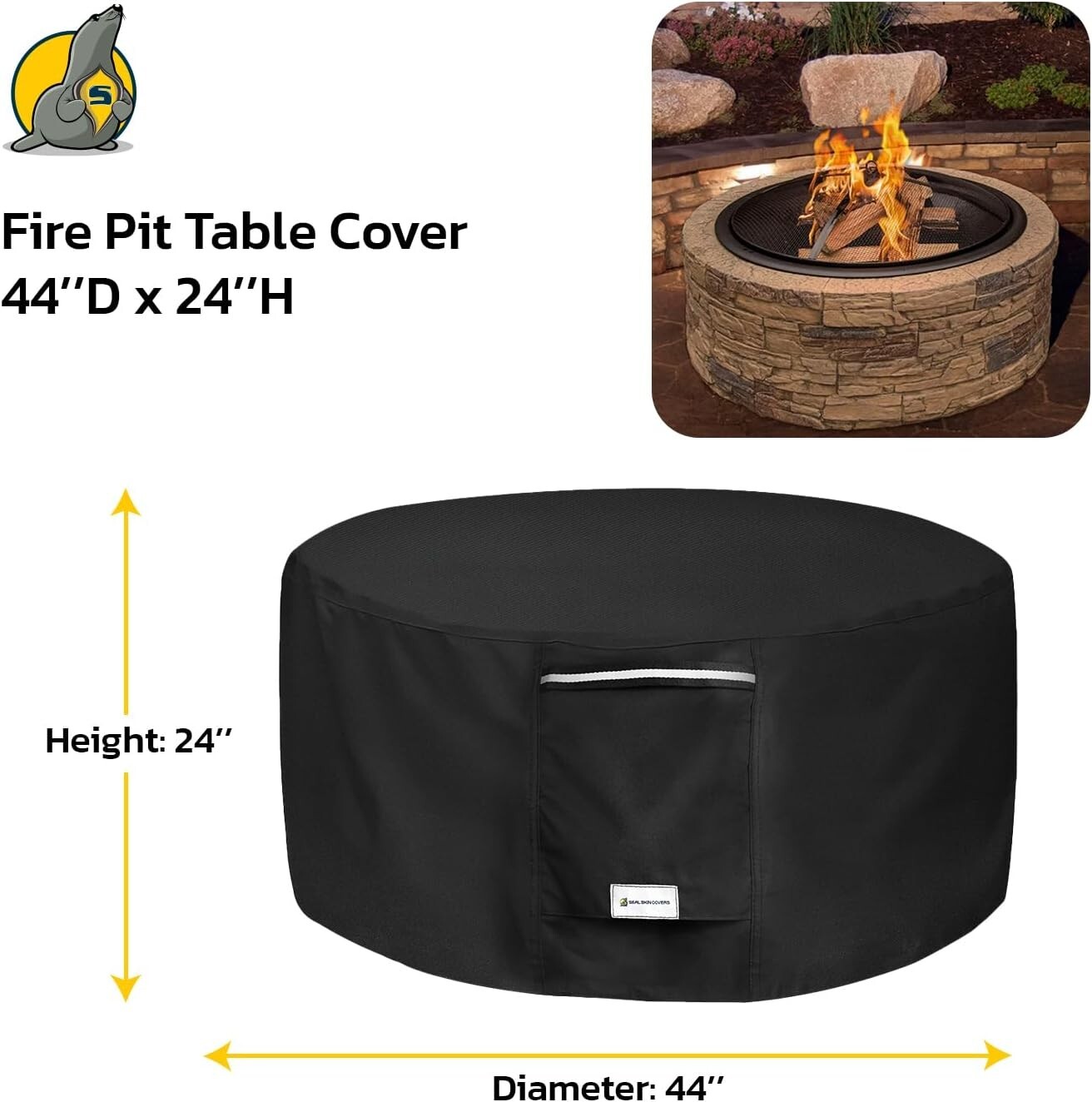 Seal Skin Round Fire Pit Cover Waterproof Heavy Duty, Round 44” Dia X 24”H