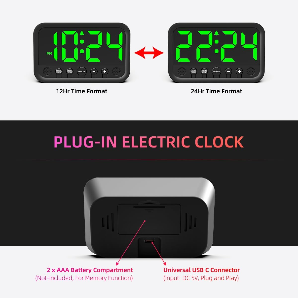 Small LED Digital Alarm Clock Loud Green Plug In