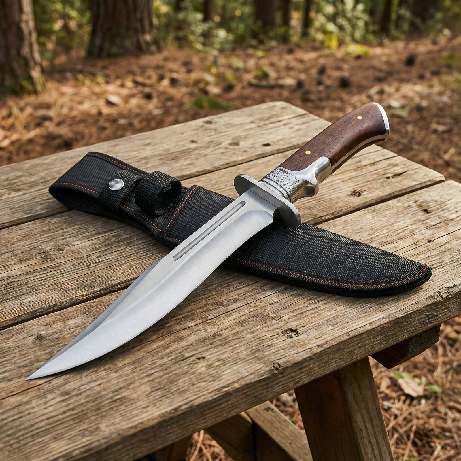 Outdoor Bowie Fixed Blade Knife with Wood Handle and Sheath