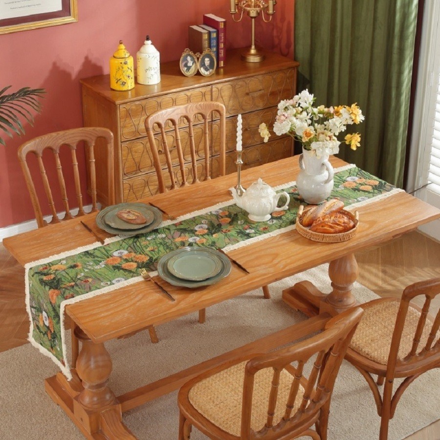 Table Runner 63 Inches Long Boho Floral Table Decor with Tassels for Party House