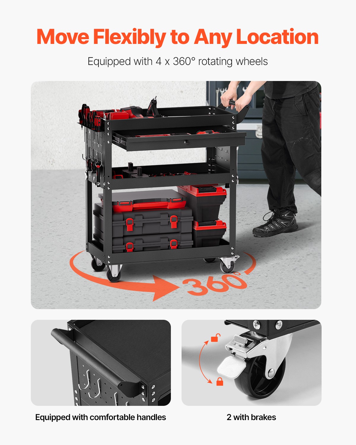 VEVOR 4-Tier Tool Cart on Wheels 350 lb Rolling Work Cart with Drawer & Pegboard