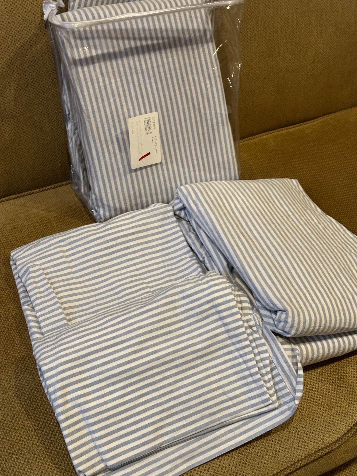Pottery Barn Teen WASHED COTTON RUFFLE STRIPE QUEEN SHEET SET CHAMBRAY BLUE NEW
