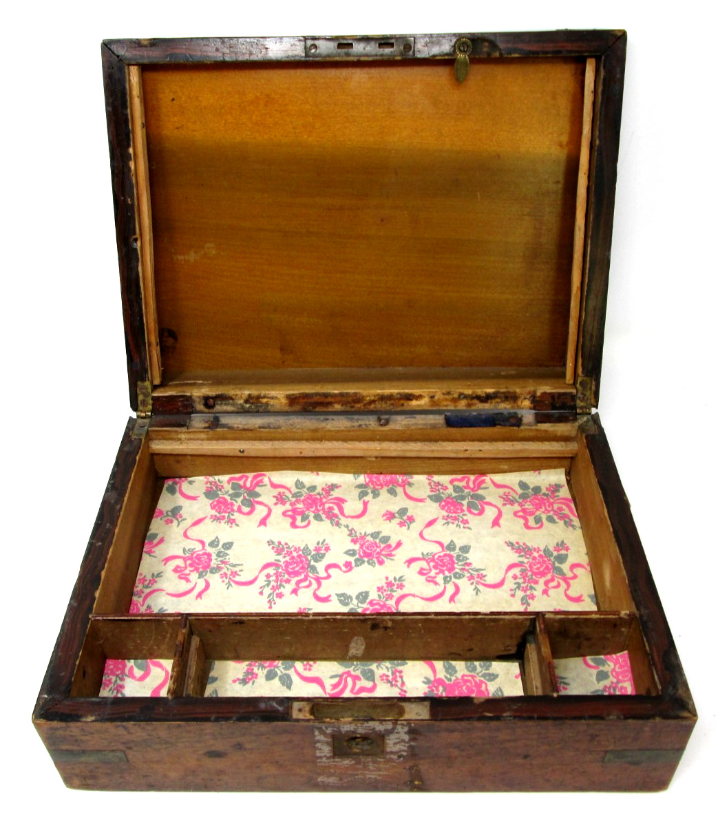 Vintage Wood Box Metal Corners Portable Writing Lap Desk Arts Crafts Wooden