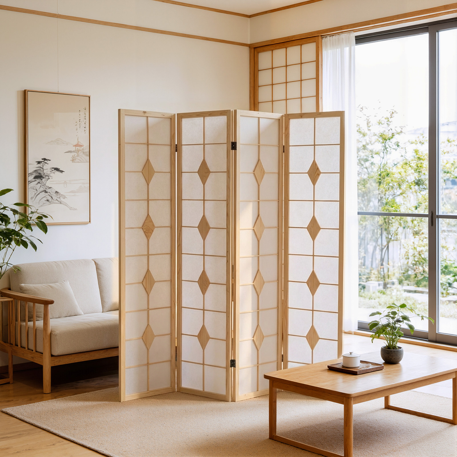 4 Panel Folding Room Dividers Wooden Privacy Screen Fabric Wall Separation White