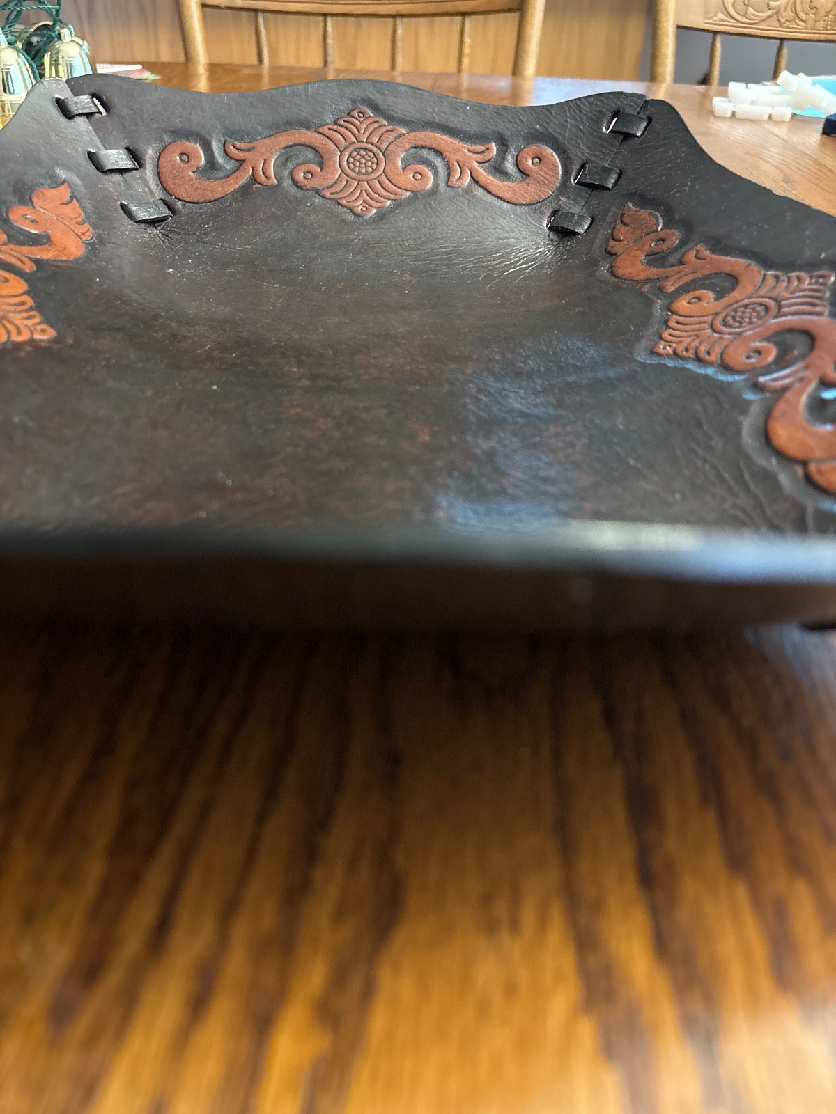 Peru Handcrafted Tooled Leather Bowl Tray Spanish 13.5"x 11.75 Free Shipping!