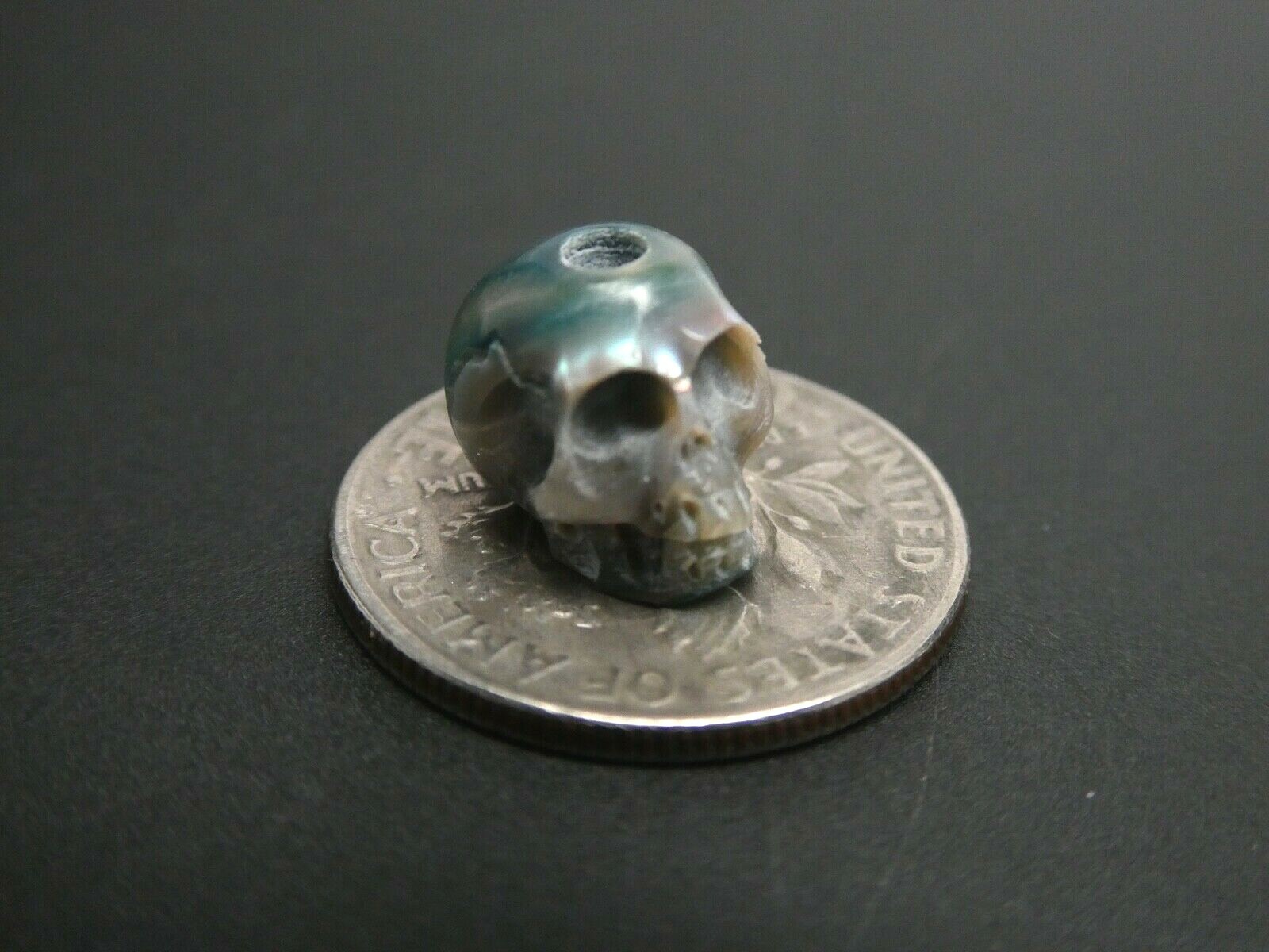 Skull Bead Rare Intricate Detail Hand Carved Blue Genuine Pearl Large Hole Bead