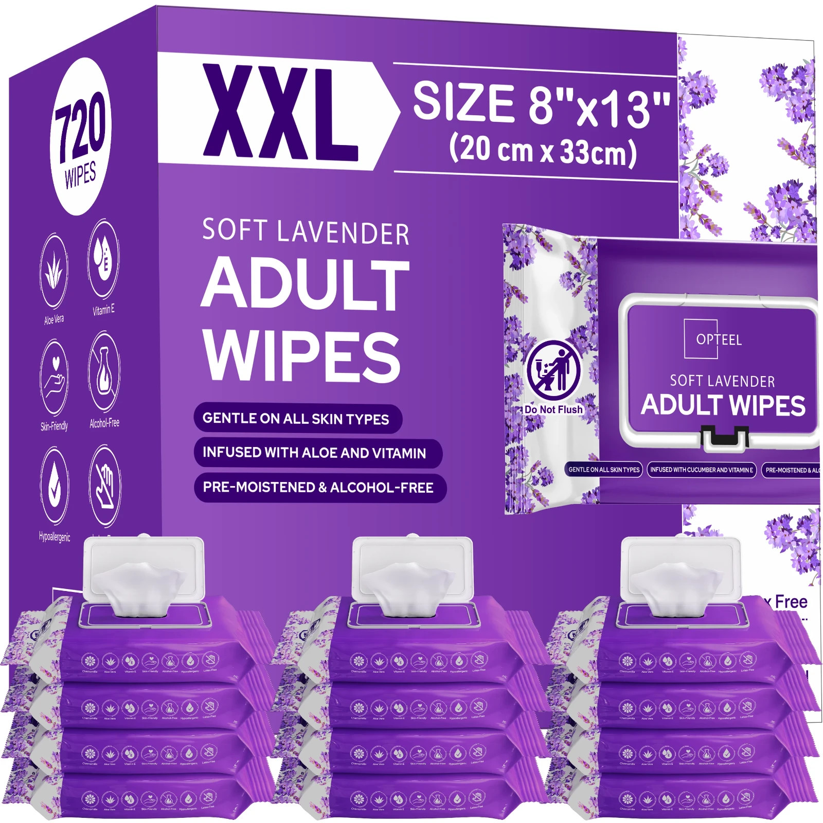 Adult Wipes For Elderly Soft Lavender -  8x13" 720ct (Too Large,Not-Flushable)