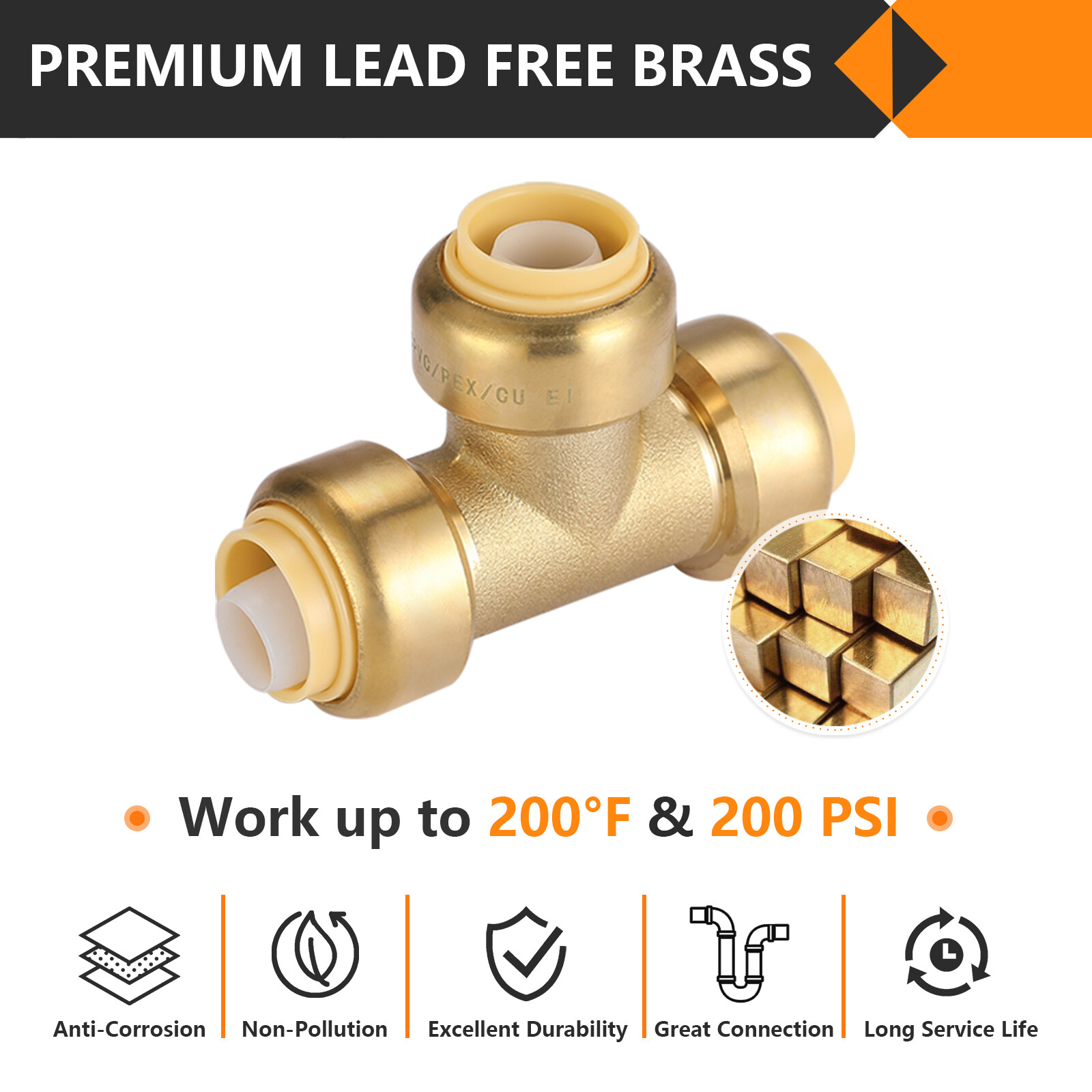 EFIELD (2 to 100 Packs) 3/4"×3/4"×3/4"Push Fit Equal Tee Brass Fitting Lead Free