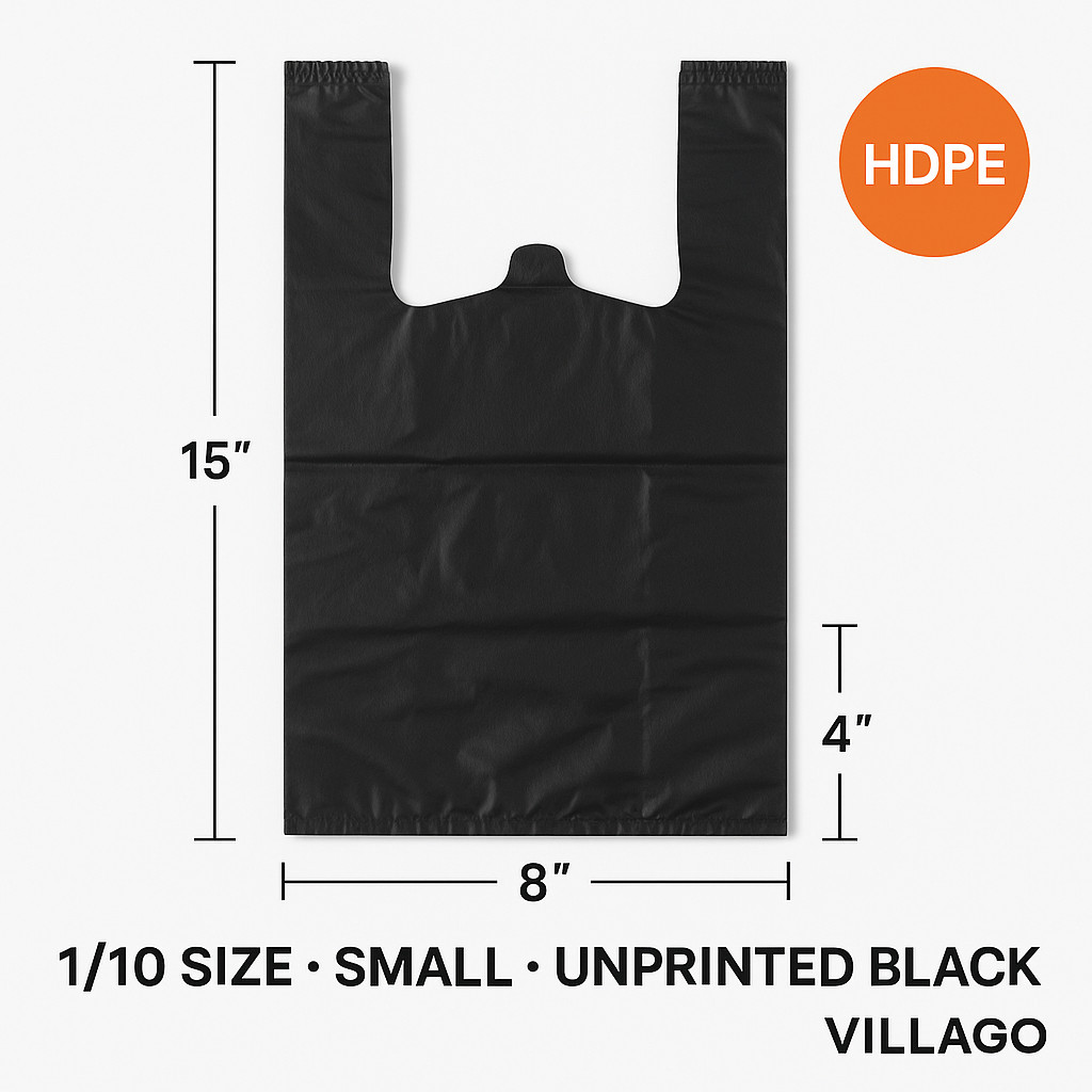 1/10 Small Black T-Shirt Bags 8″×4″×15″ HDPE Unprinted Grocery / Retail Bulk
