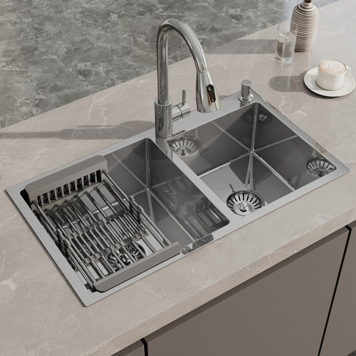 Stainless Steel Kitchen Sink 30" 32" Drop In Top Mount Double Bowl with Faucet