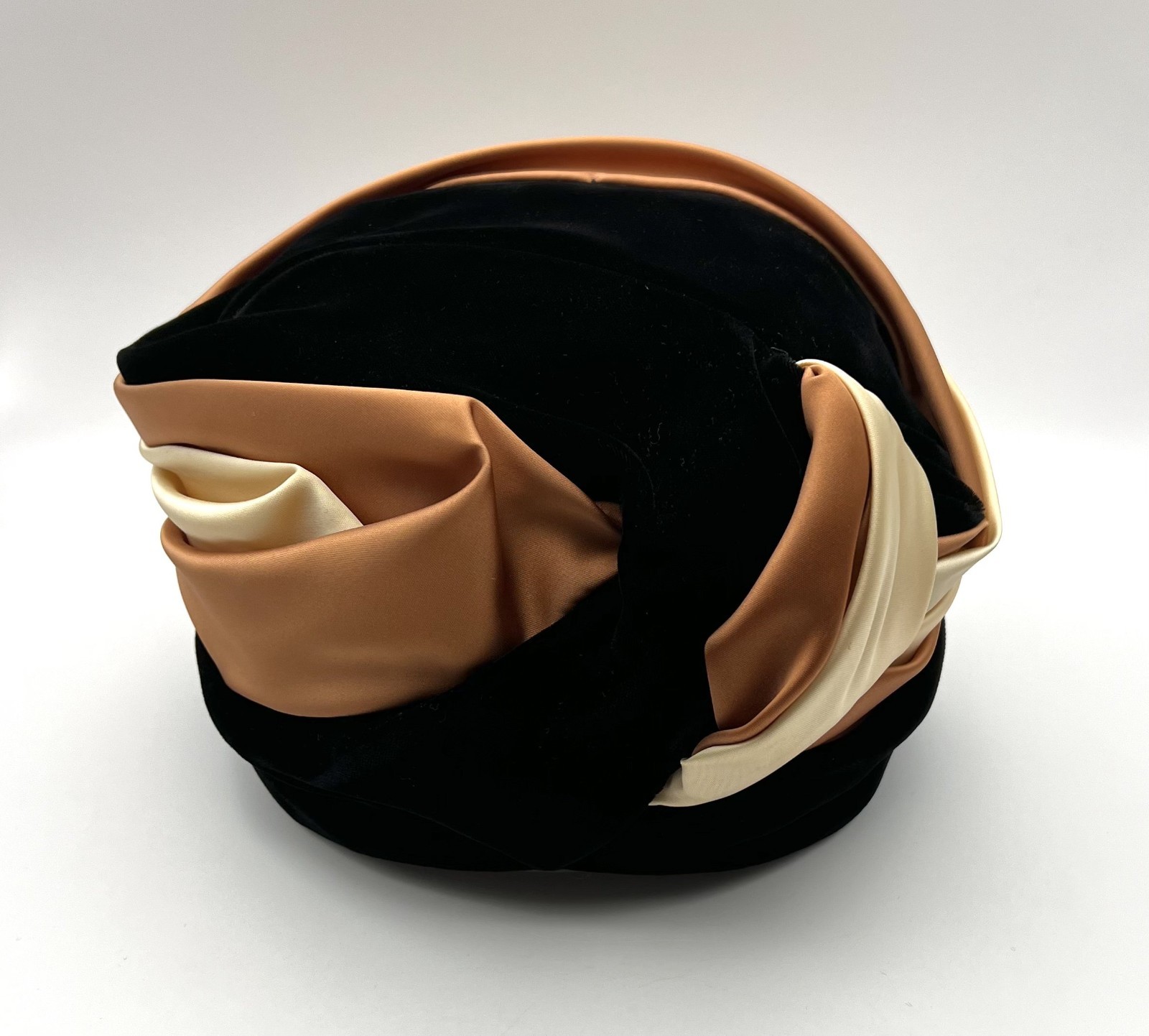 Vintage Shari Creations Turban Hat Black Velvet Cream Copper Satin USA Union