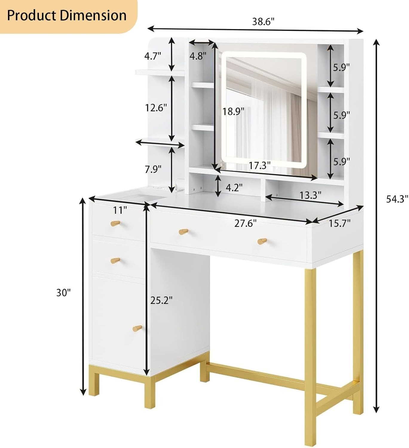 White Vanity Desk w LED Mirror, Makeup Table with Lights, Power Outlet & Storage