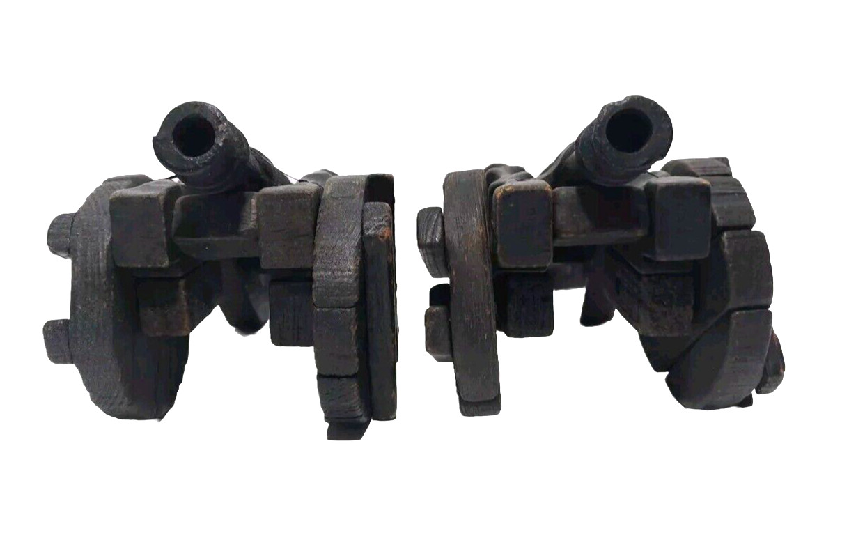 Set 2 Antique Cast Iron Wood Model Miniature Field Gun 10" Cannon On Wheels Toy