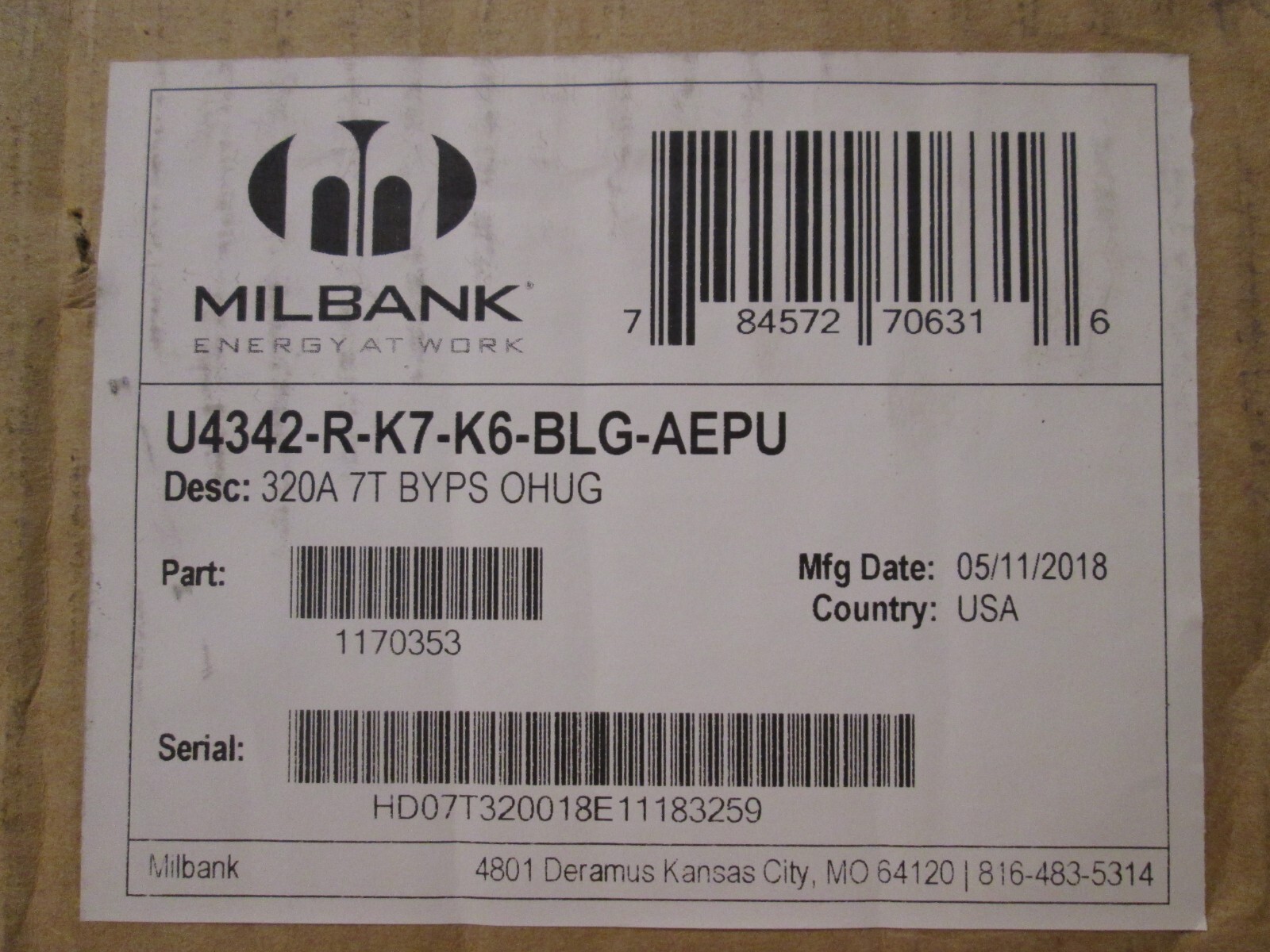 MILBANK - meter socket - 320 amp - 3 Phase - 7T BYPS U4342-R-K7-K6-BLG-AEPU