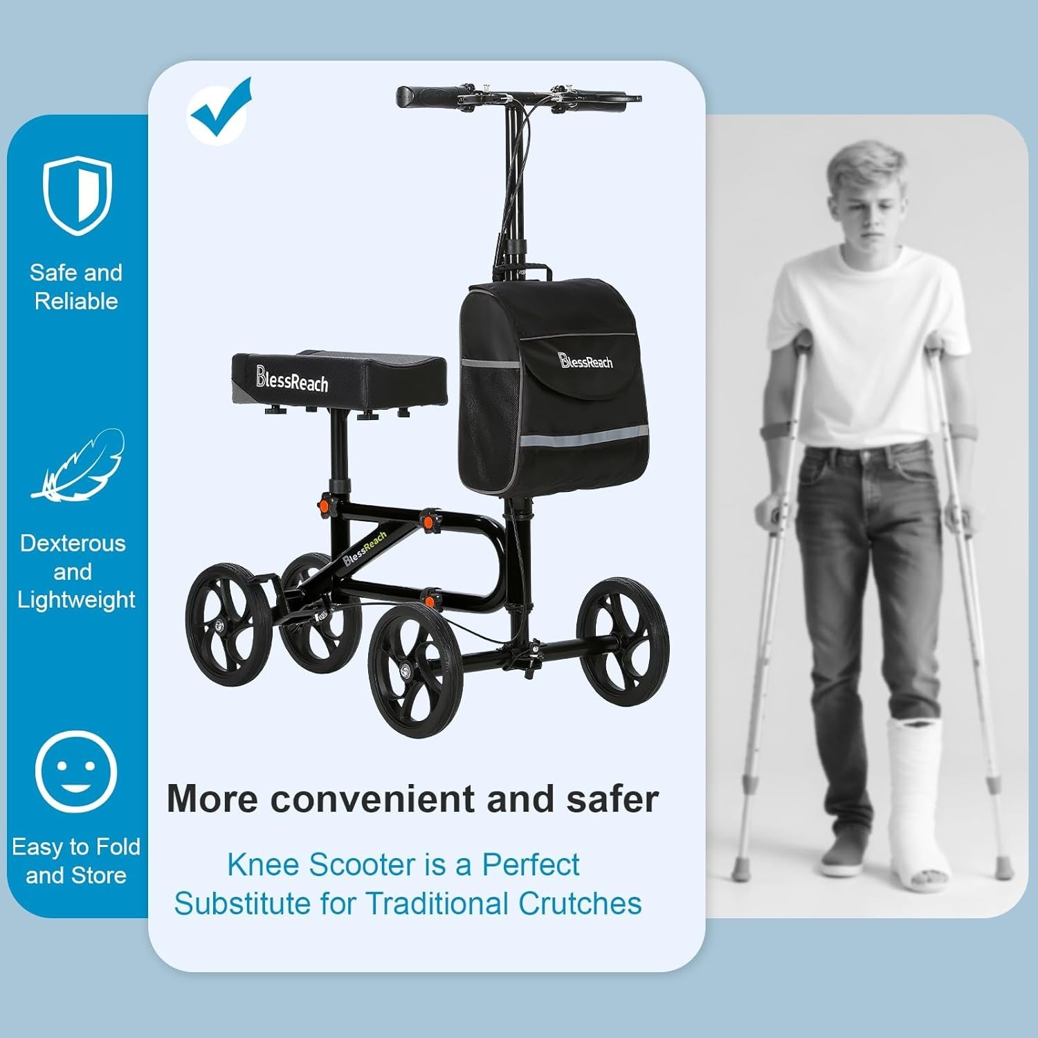 Economy Steerable Knee Walker, Dual-Brake Knee Scooter, Foldable Crutch
