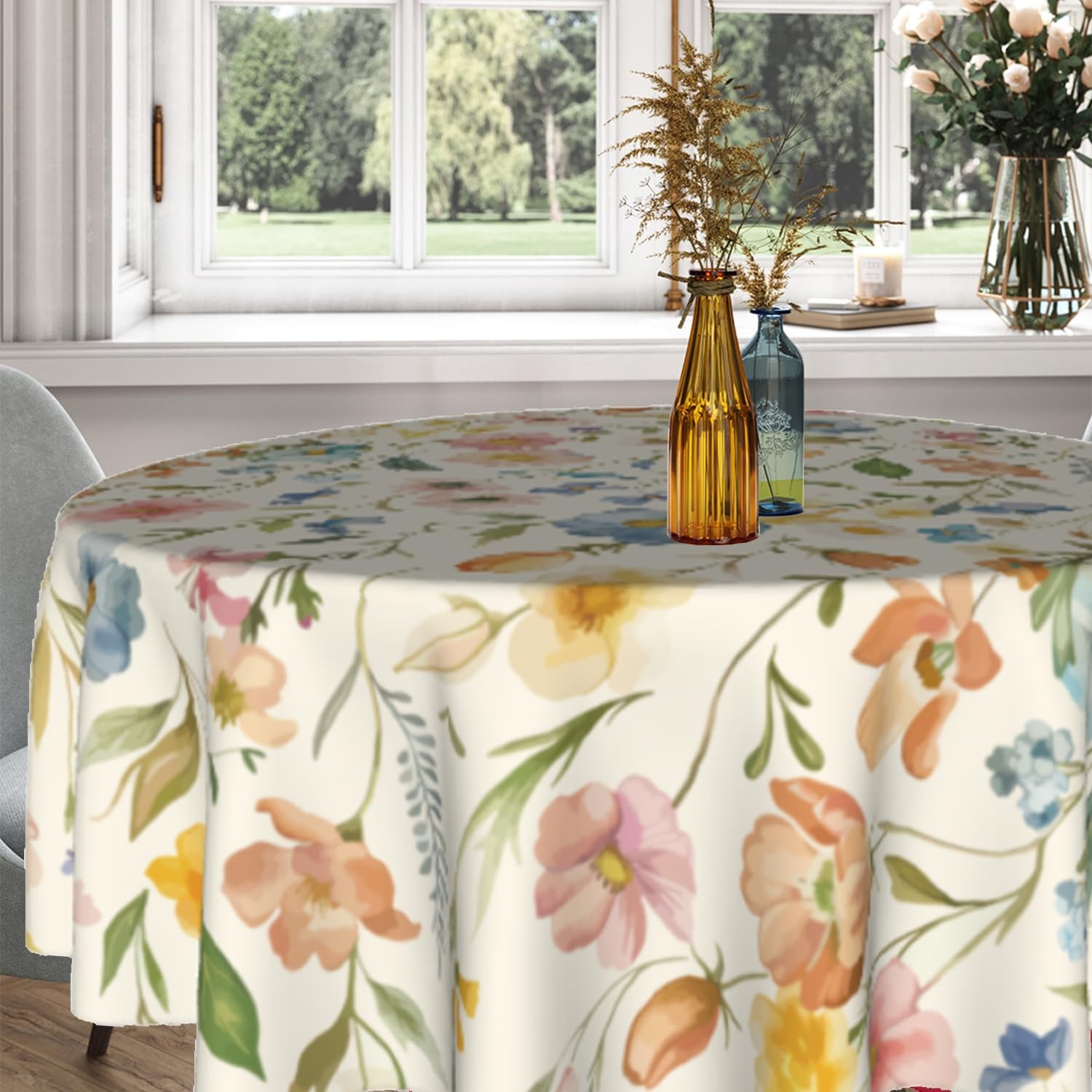 Spring Round Tablecloth 60 Inch Watercolor Flowers Table Anti-Wrinkle Waterpr...