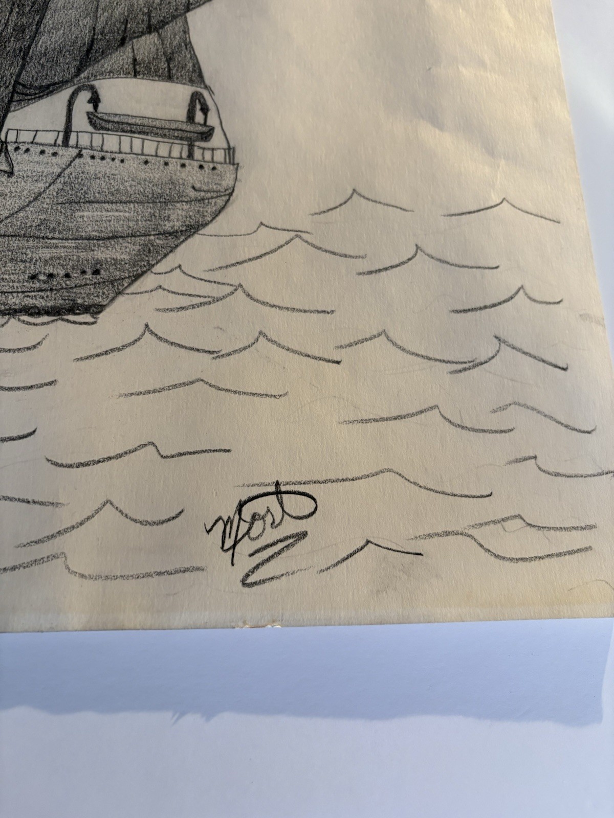 Pencil Drawing Norwegian Full Rigged Tall Sailing Ship Christian Radich Signed