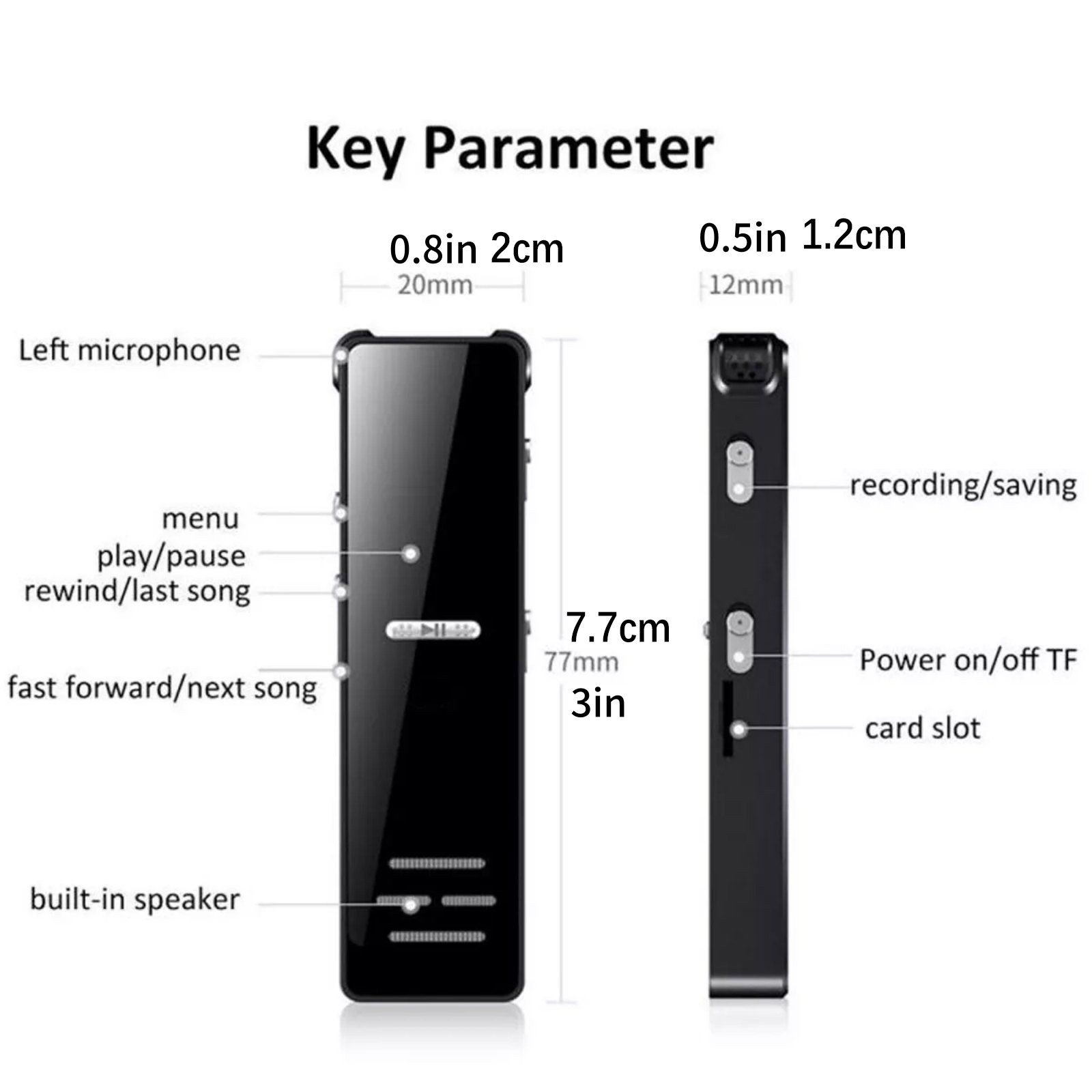 Mini Audio Recorder - HD Voice Activated Recorder with MP3 Playback 77x20mm