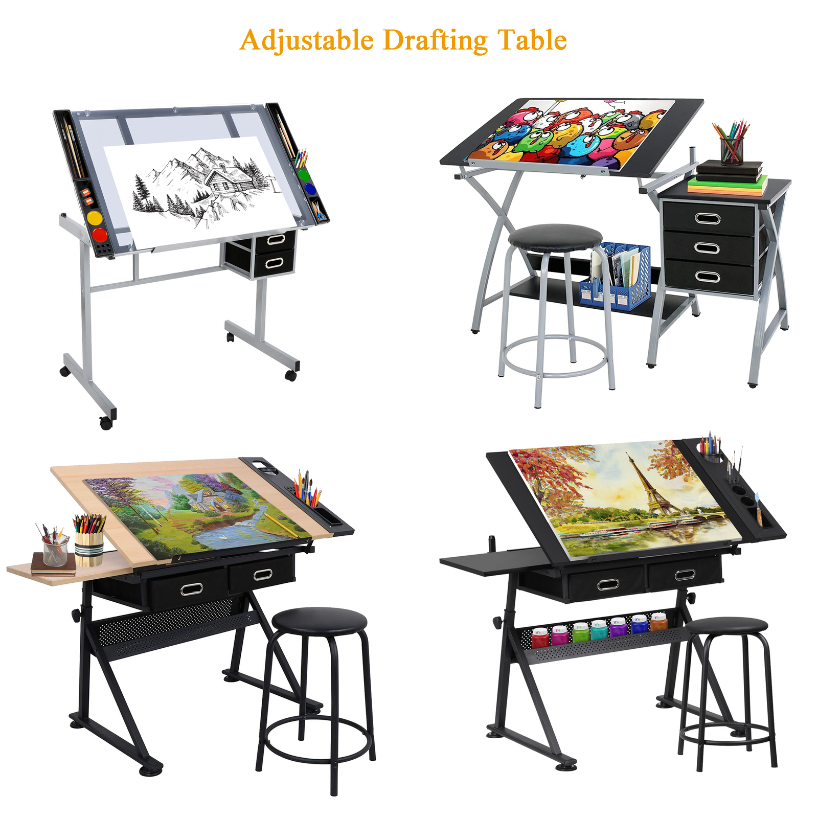 Adjustable Drafting Table Art Desk Drawing Table Glass/MDF Tabletop w/2 Drawers