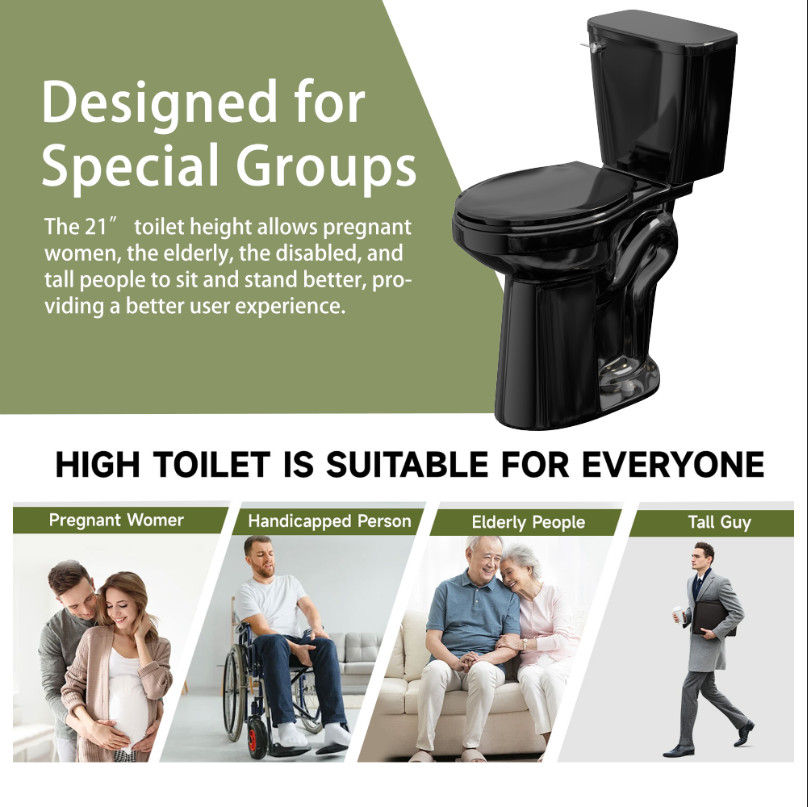 21" Tall Two Piece Toilets for Seniors Elongated Bowl Soft-Close Seat 1.28 GPF