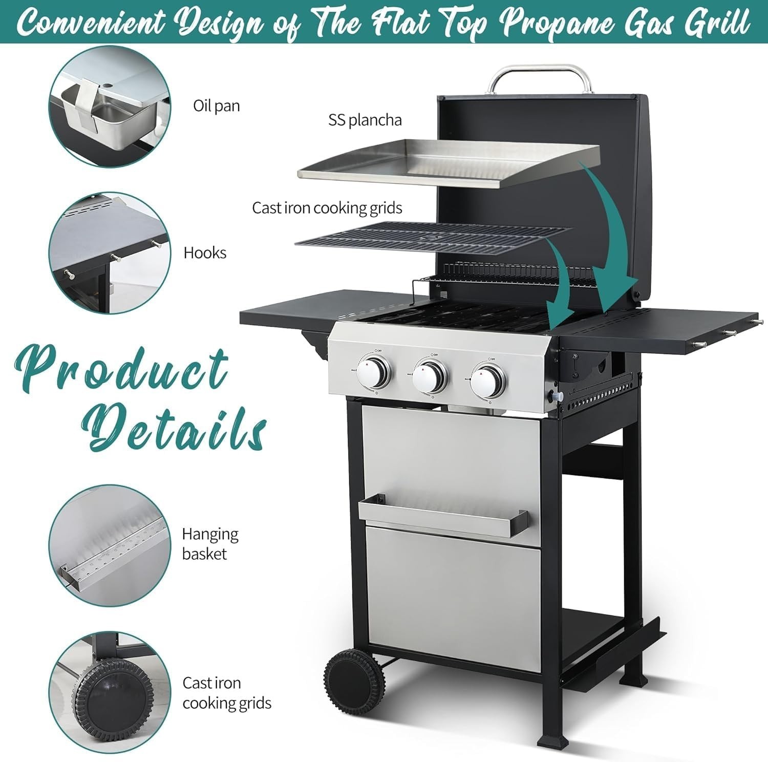 3 Burner Gas Grill Griddle Combo 36900 BTU Propane BBQ Grill for Outdoor