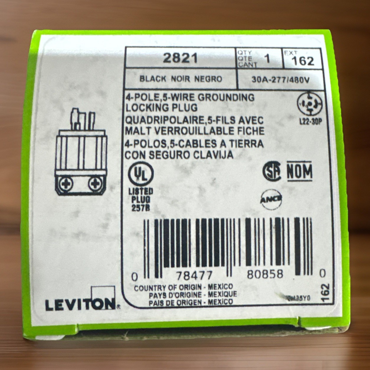 LEVITON 2821 LOCKING PLUG L22-30P, 30AMP, 277/480V