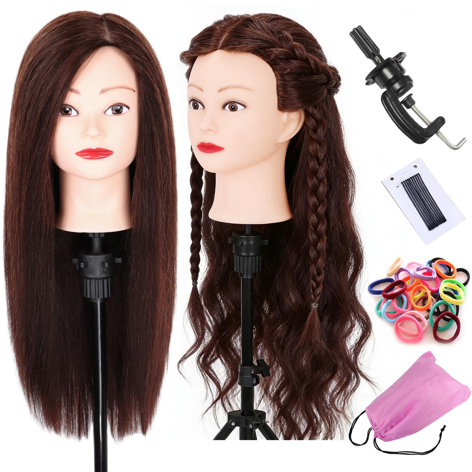 "22-24"" Mannequin Head 60% Human Hair Brown Cosmetology Training Doll"