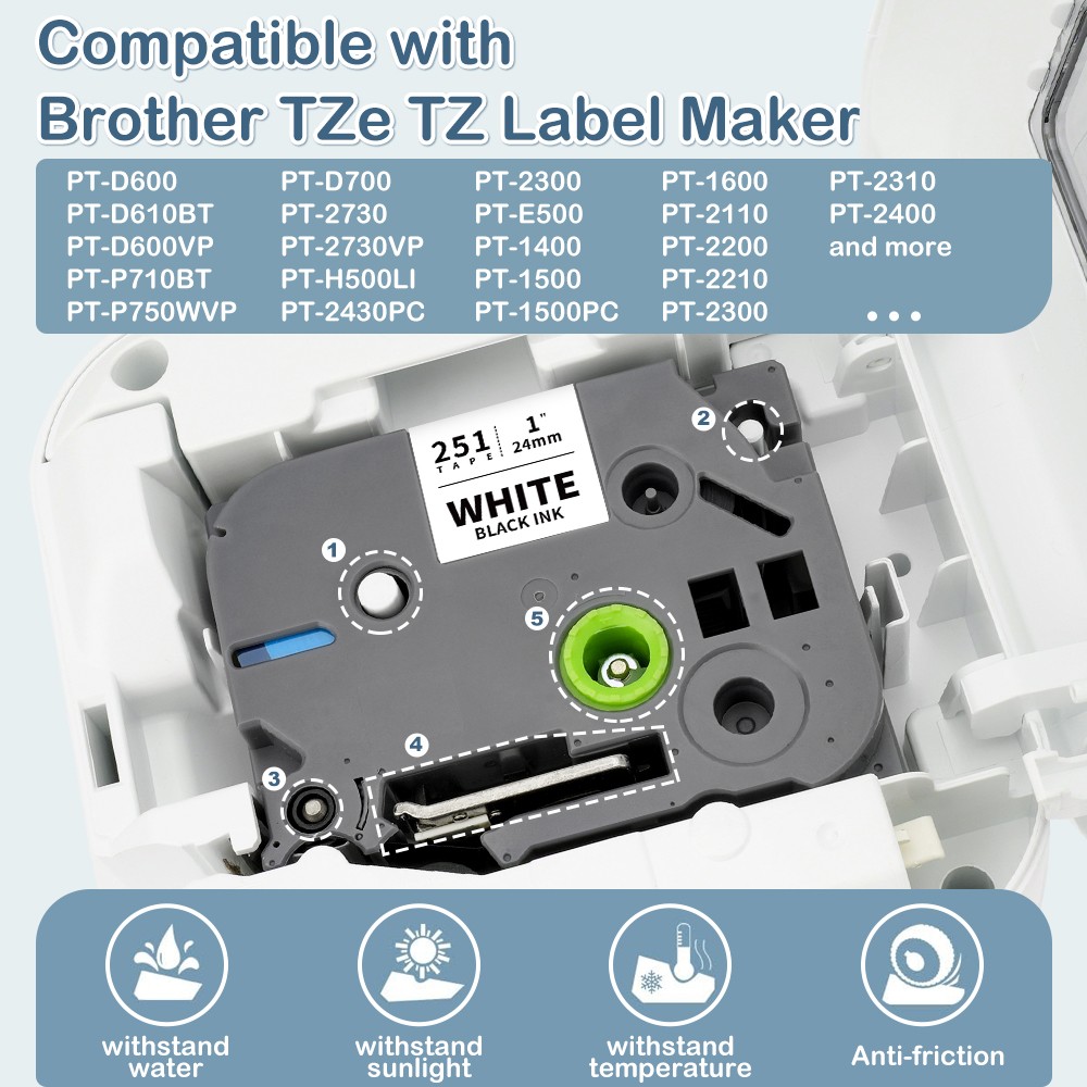 100PK 24mm TZ-251 TZe-251 White 1" Label Tape For Brother P-touch PT-P700 D610BT