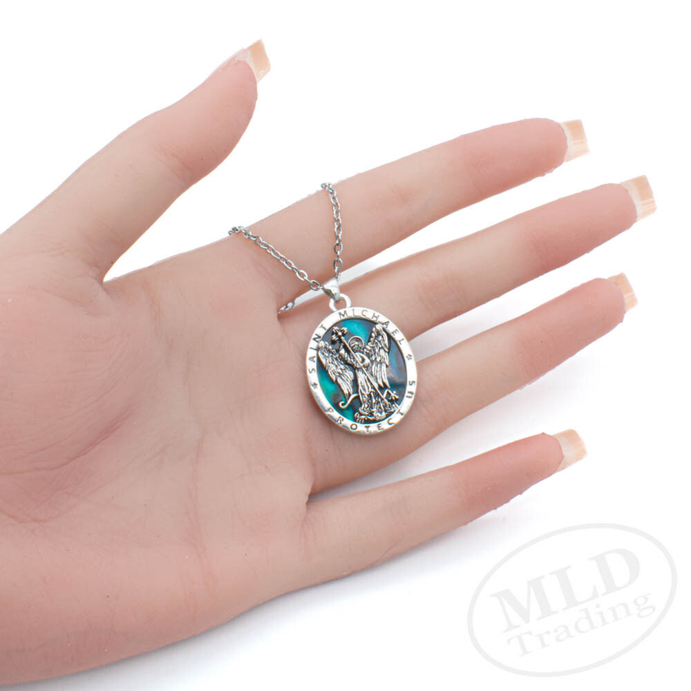 Saint St Michael Pendant Necklace, Religious Protector Medal, Alloy, 18" Chain