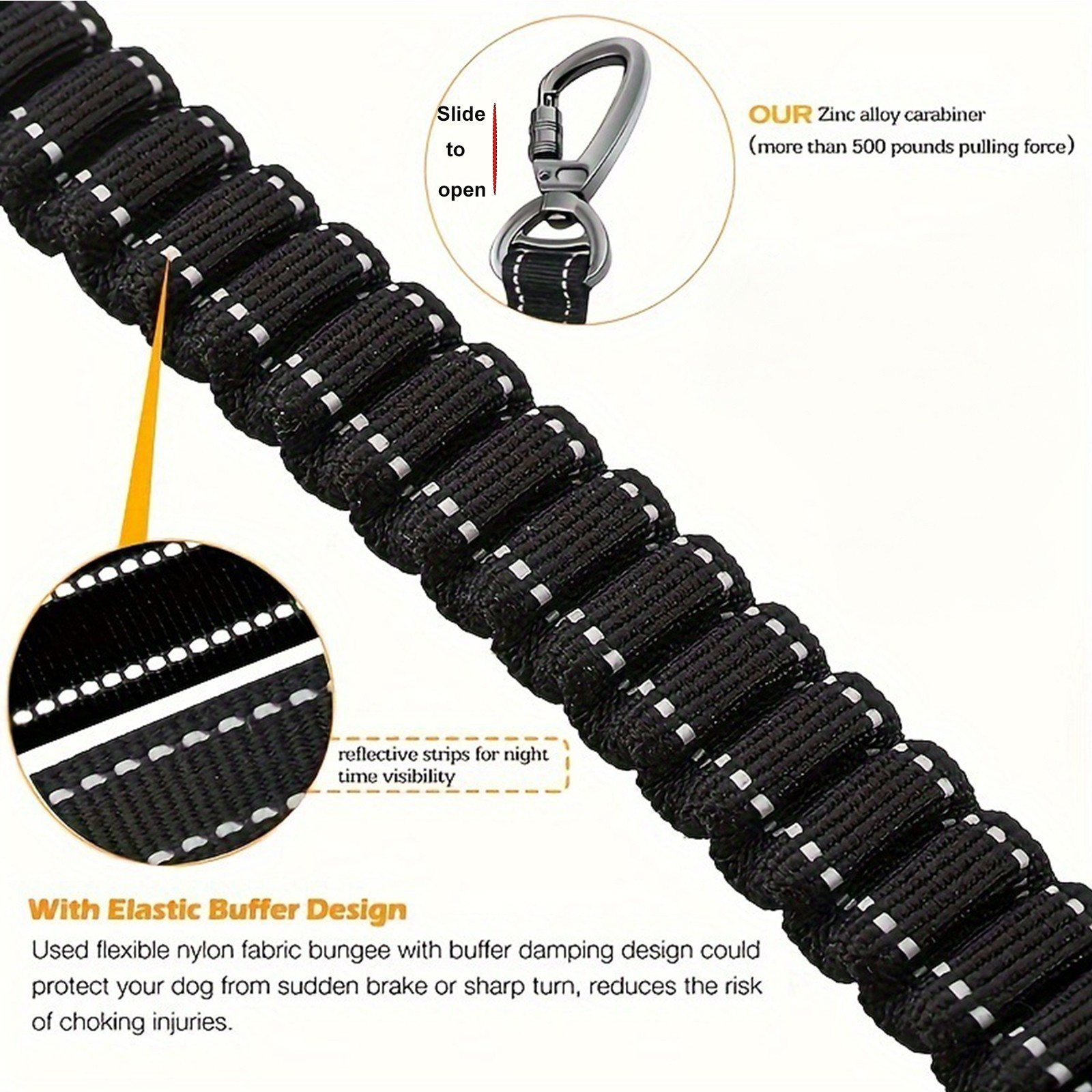 4-in-1 Bungee Dog Leash Car Seat Belt Adjustable Walking Anti-Pull Leash 5-6.3FT