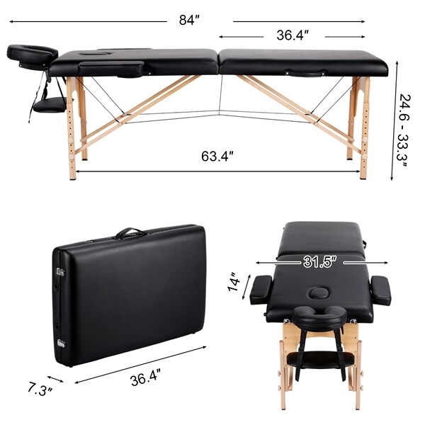 Portable Massage Table Lash Bed Tattoo Table Beauty Folding Bed Adjustable Black