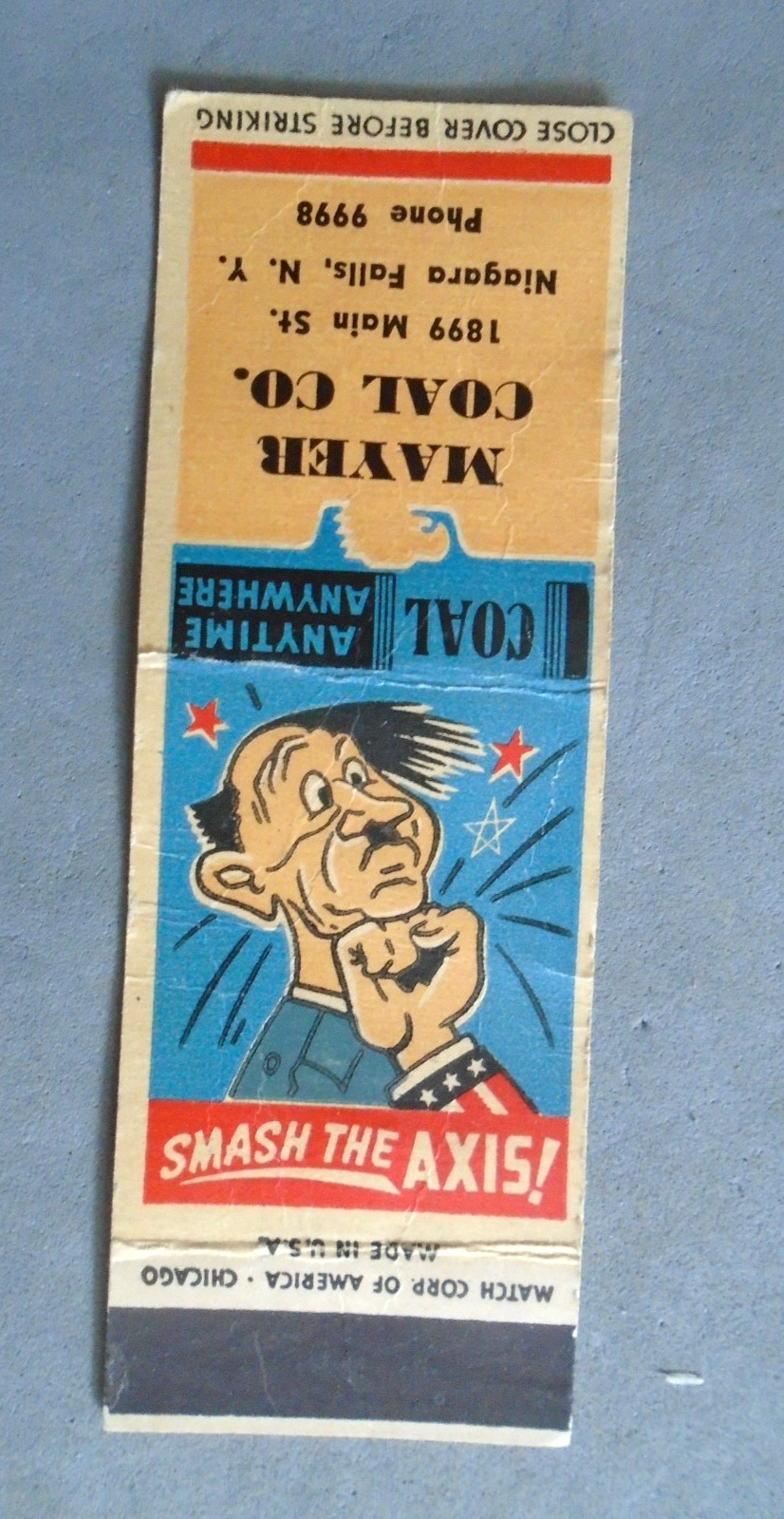 WWII match book cover with Hitler caraciture, Smash the Axis