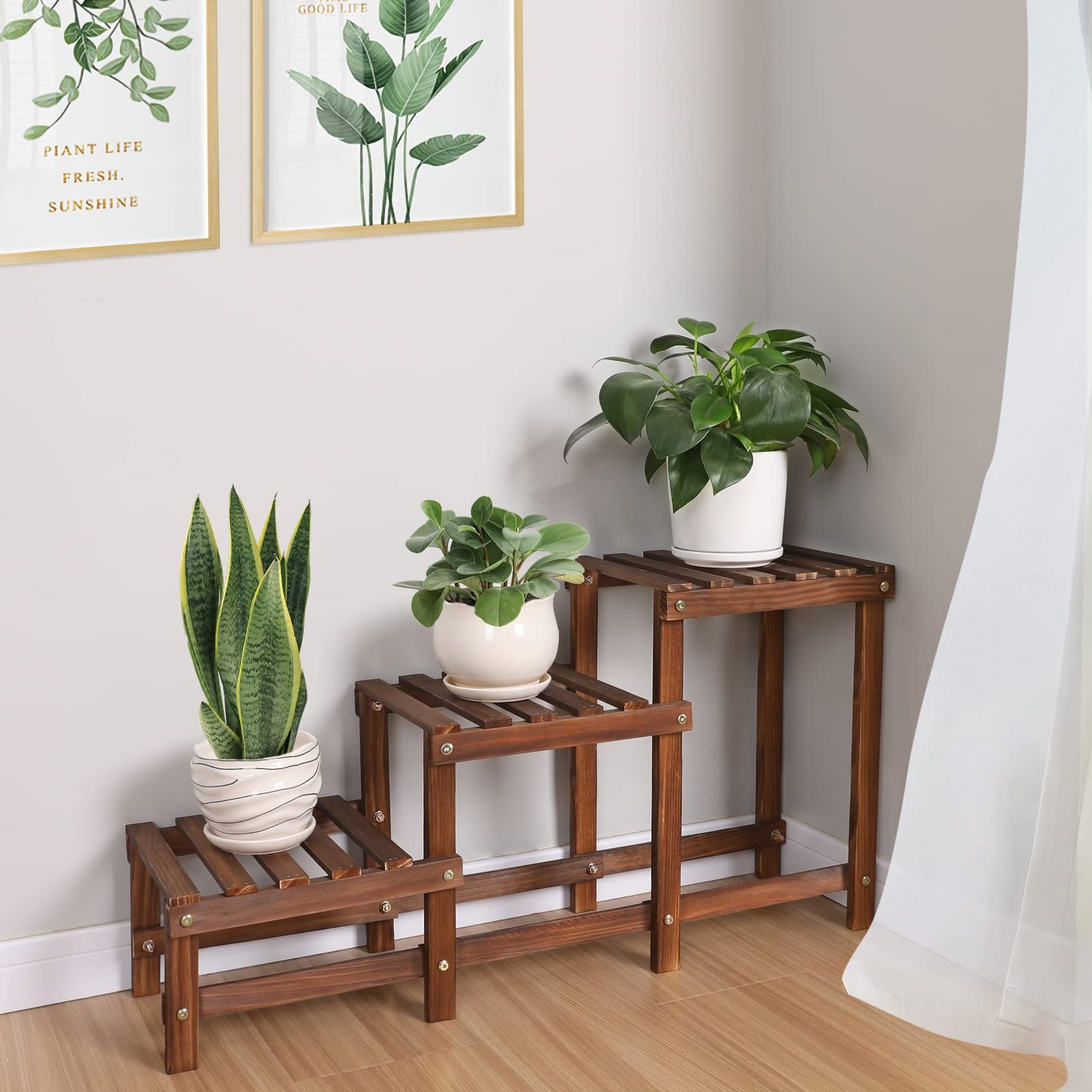 Jotboom 3 Tiers Plant Stand Indoor,Wood Stands for Carbonized color