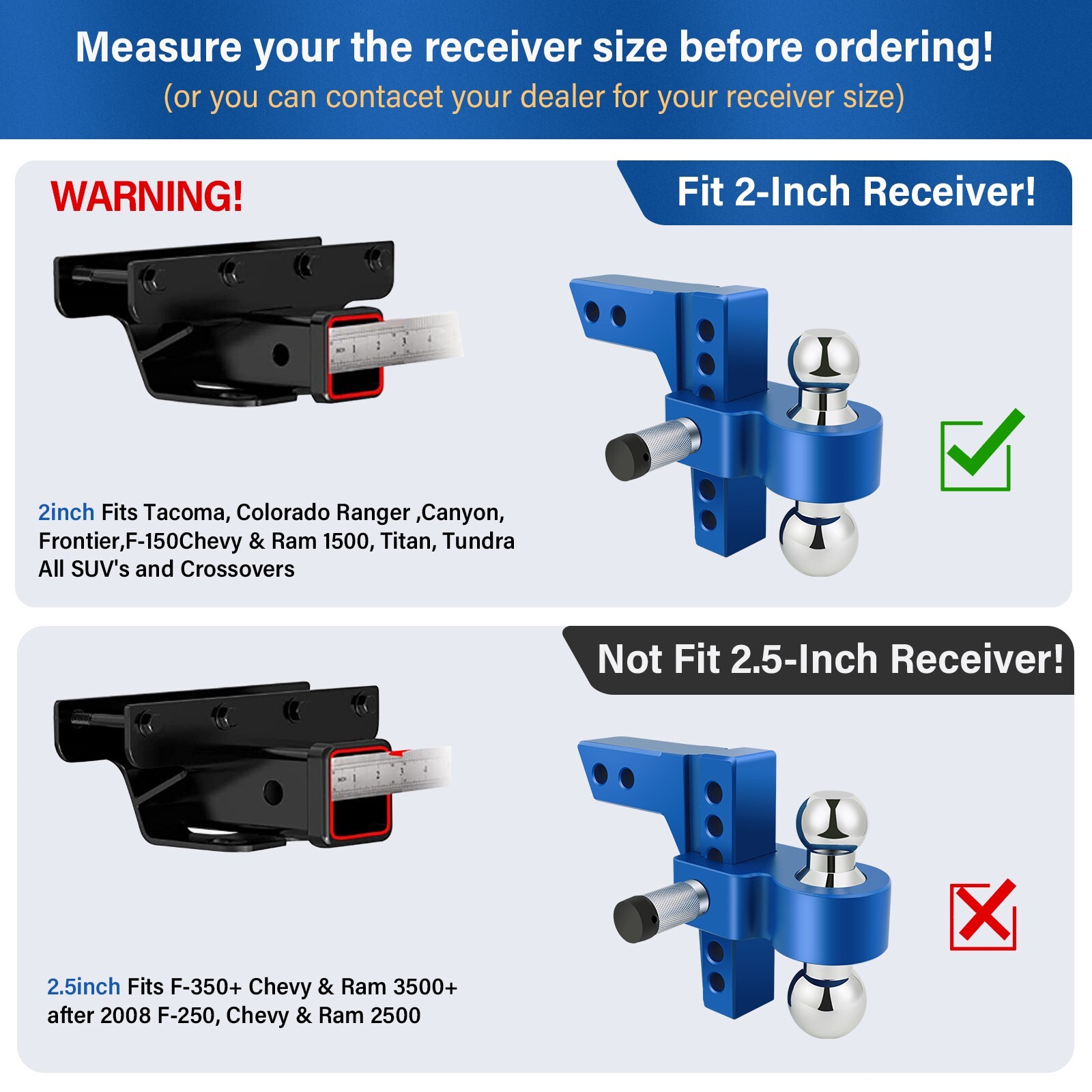 Adjustable Aluminum Trailer Hitch Mount 2"&2-5/16" Dual Ball 2 Locks 10Klb Blue