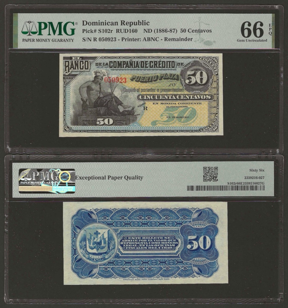 DOMINICAN REPUBLIC 50 Centavos 1886-1887, P-S102r Remainder, PMG 66 EPQ Gem UNC