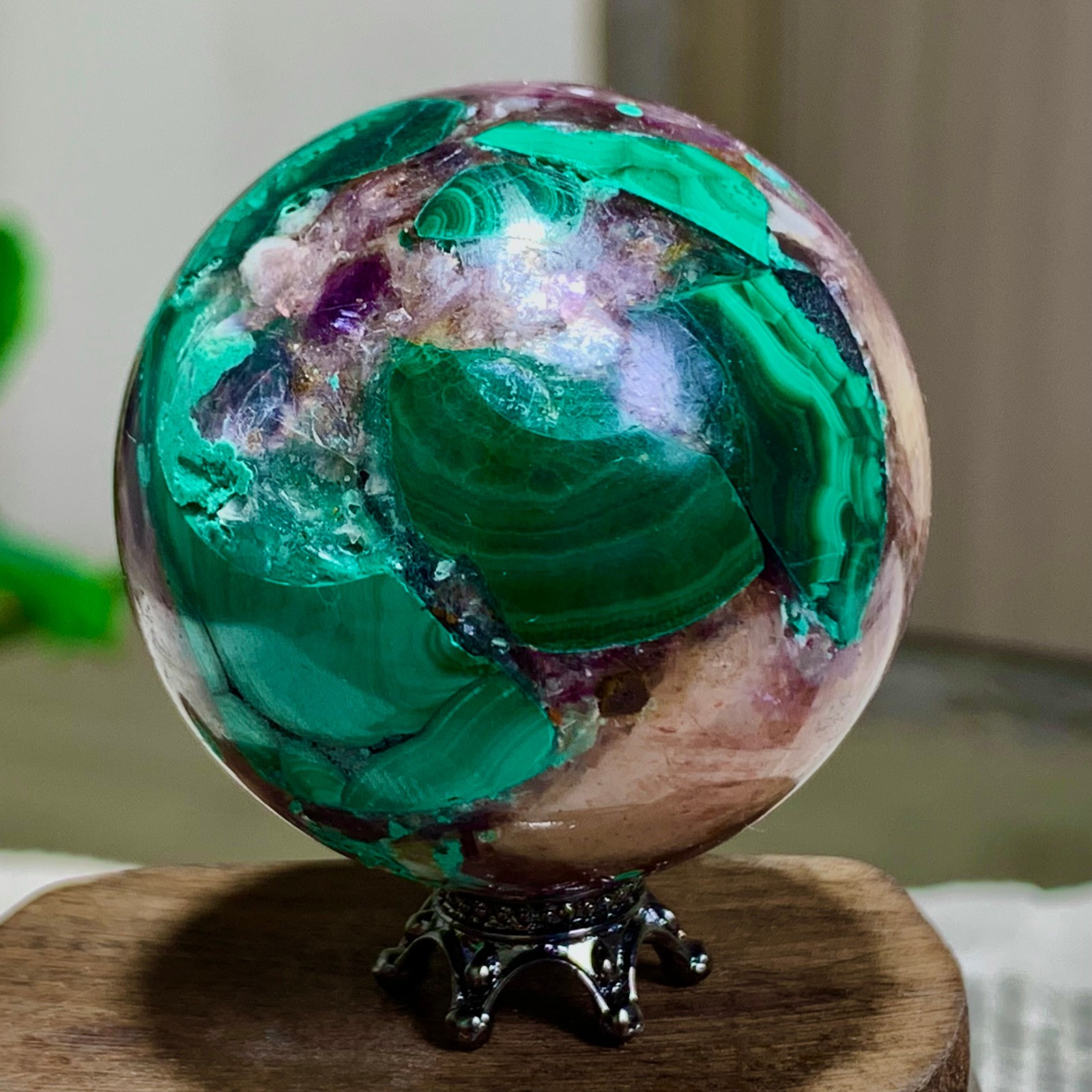 108G Newly discovered rare malachite purple mica symbiotic sphere restoration